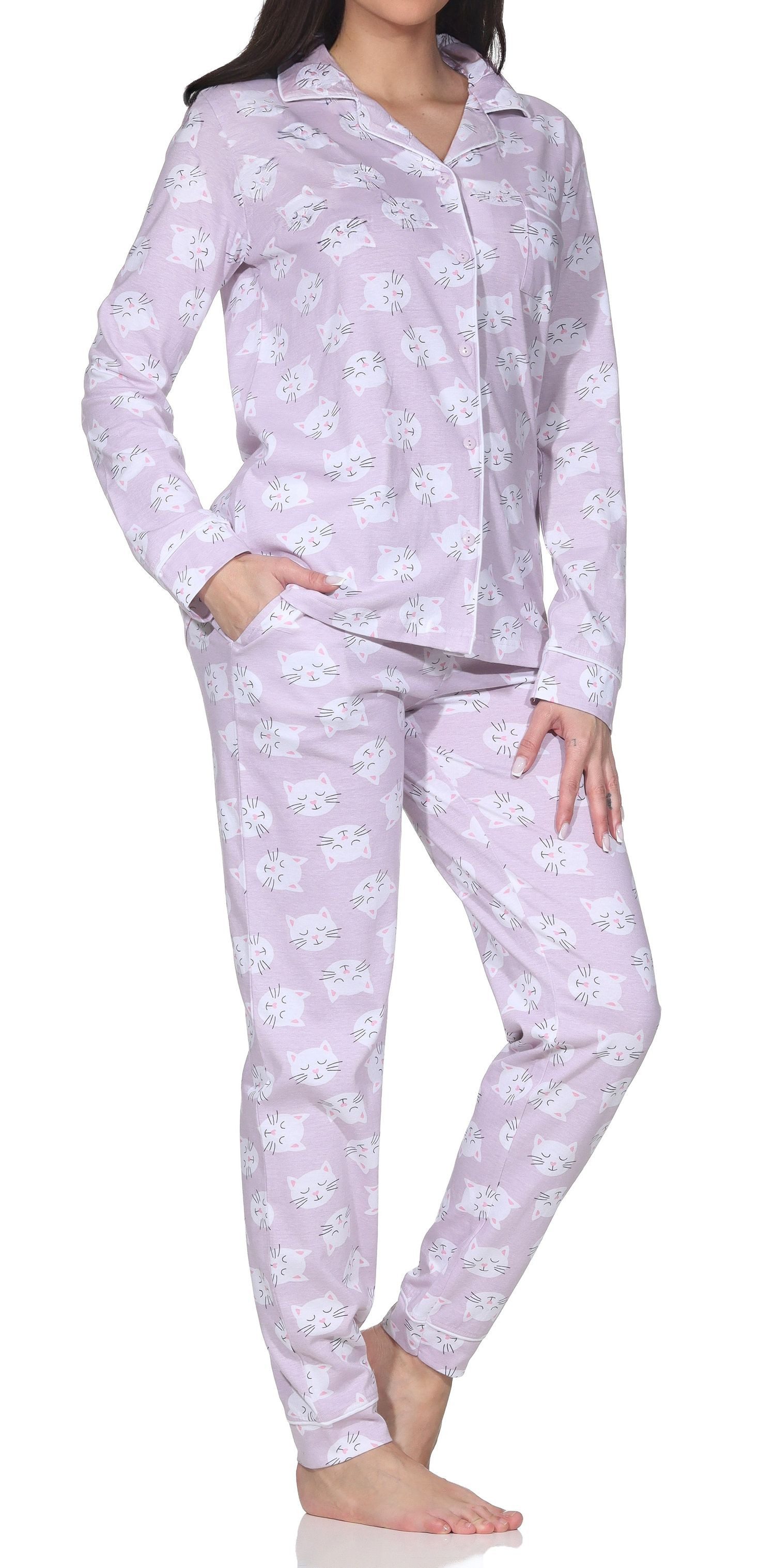 Normann Pyjama Damen Jersey Pyjama zum durchknöpfen Katzenmotive - auch in Übergröße – Bild 3 von 5