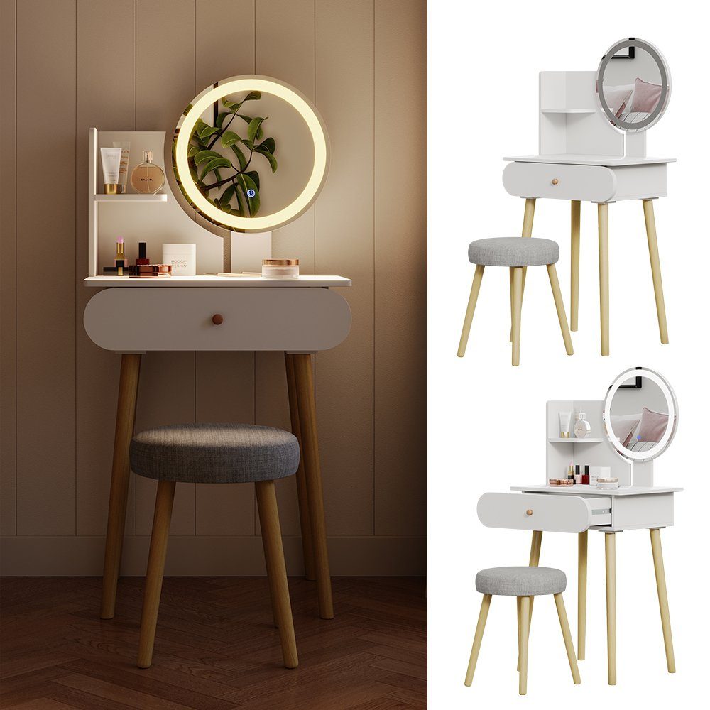 Vicco Schminktisch Edda, Weiß, 60 cm mit LED-Spiegel und Hocker günstig online kaufen