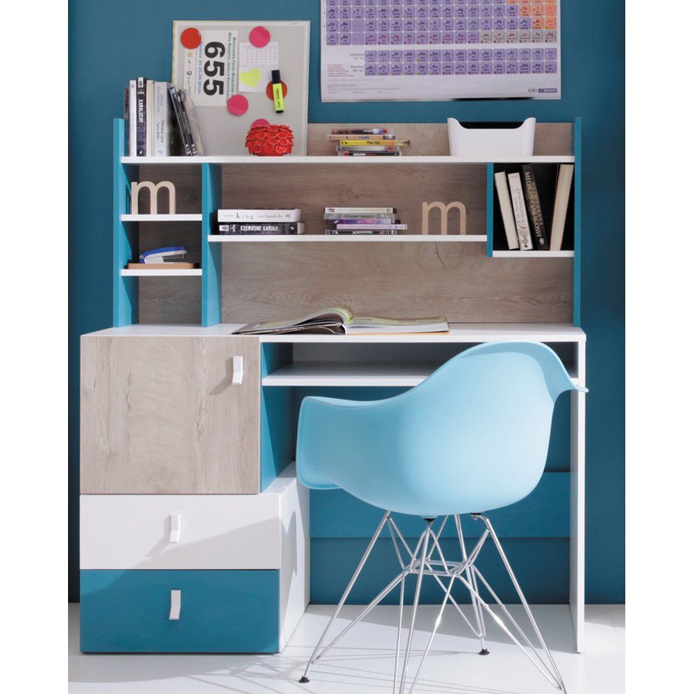 Lomadox Schreibtisch PITTSBURGH-133, mit Aufsatzregal, weiß/Eiche/blau günstig online kaufen