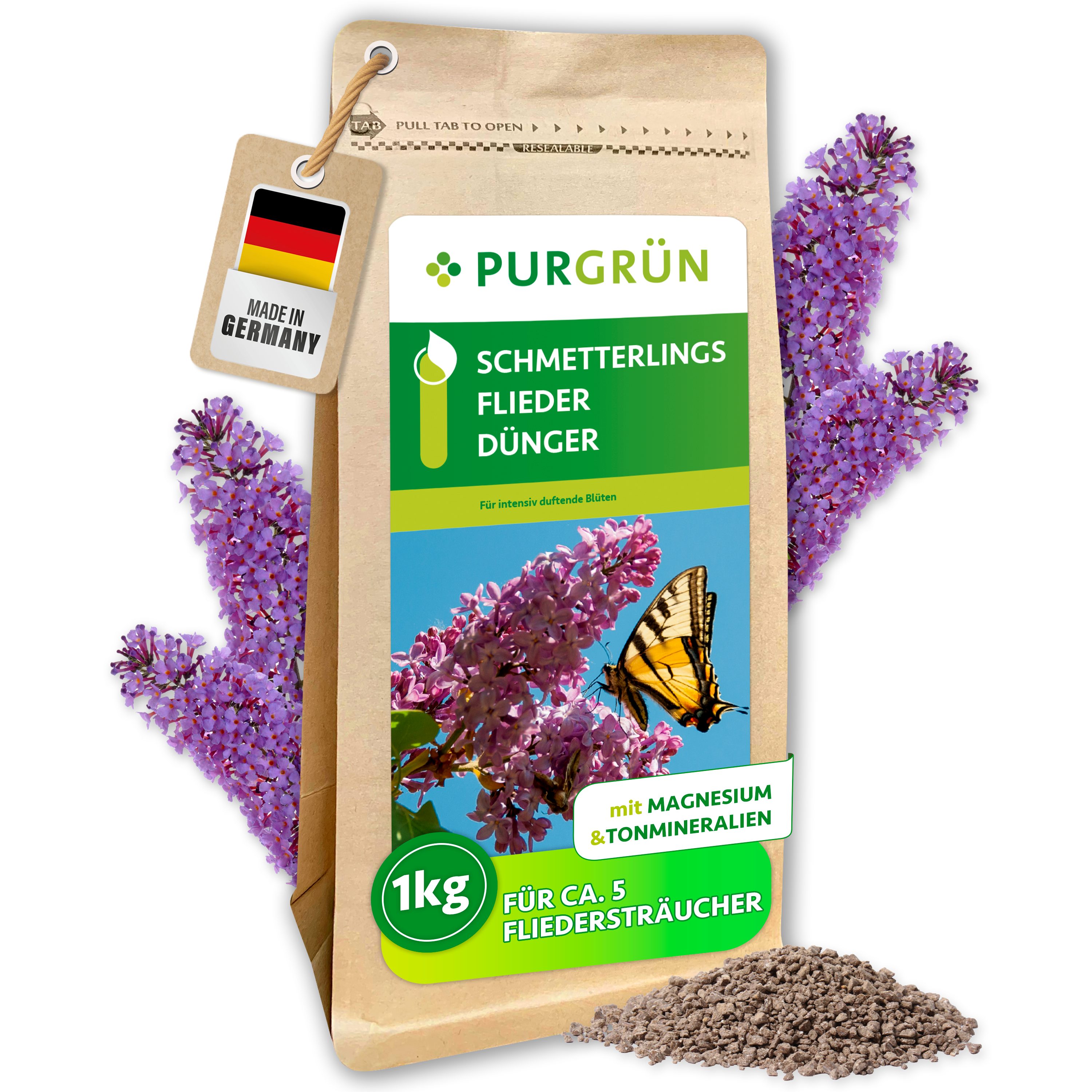 Purgrün Gartendünger Schmetterlingsflieder Dünger, NPK 8+4+5, für Blüten, 1 kg, Granulat, 1-St., 1 kg