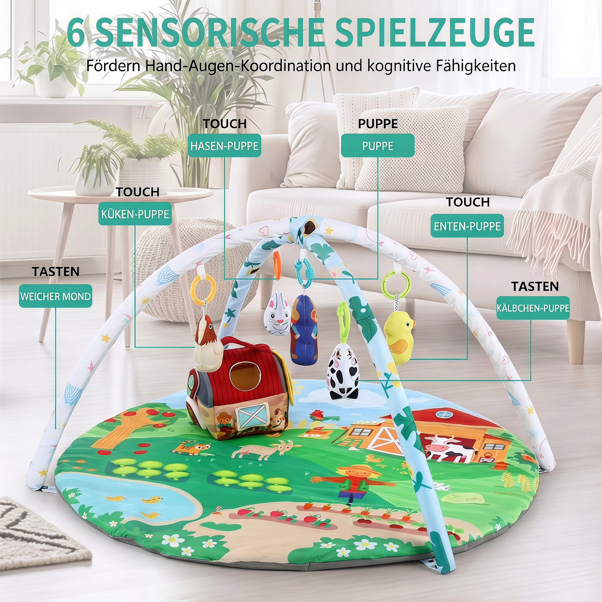 oyajia Spielbogen Baby Spielmatte Fitness Krabbeldecke Spielecke 85x85×55cm, (Geeignet für Neugeborene von 0–12 Monaten zur Wachstumserkundung), mit 5 Abnehmbare Spielzeug, Faltbare Matte,Spielbogen für Babys