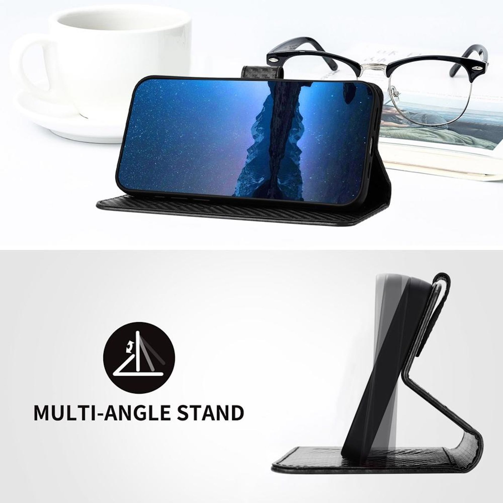 Wigento Handyhülle Für Honor 400 Smart Carbon Design Kunstleder Schutz Hülle Schwarz, Carbon-Optik Hülle mit Kartenfach und Standfunktion – Bild 4 von 5