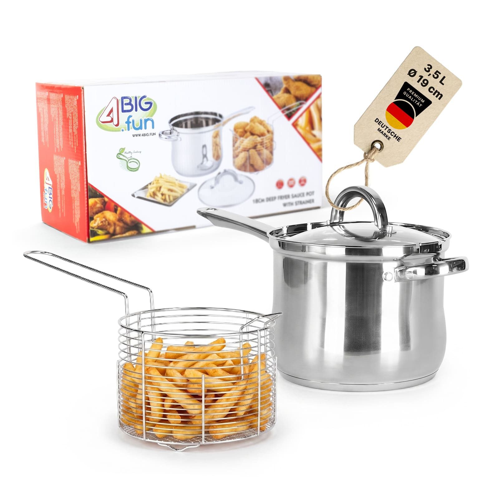 4BIG.fun Kochtopf Frittiertopf 3,5L Edelstahl Frittierkorb Glasdeckel Induktion Frittöse, Edelstahl (Friteuse mit Siebeinsatz und Glasdeckel, Pommestopf), Pommes alle Herdarten