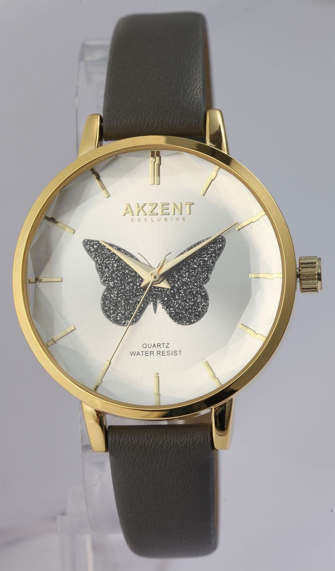 AKZENT Quarzuhr Fly Damen Armbanduhr mit Lederimitationsband Schmetterling goldfarbig | Quarzuhren