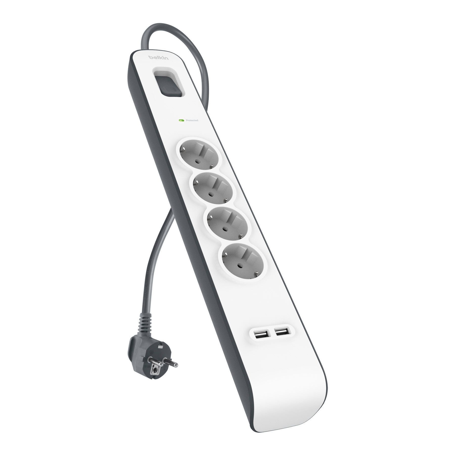 Belkin 4fach-Steckdosenleiste mit Überspannungsschutz, 2-m-Kabel und USB-A Розеткиleiste 4-fach (Ein- / Ausschalter, Überspannungsschutz, Kabellänge 2 m), 2 USB-Anschlüsse mit maximal 2,4 A