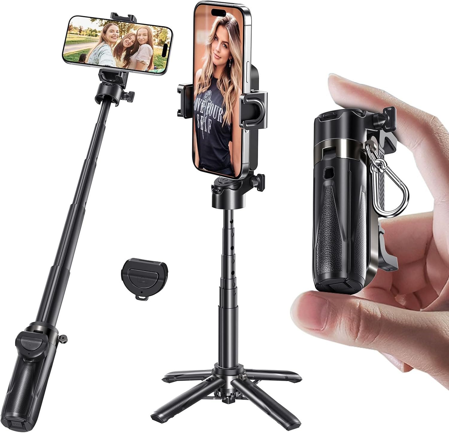 ibettertec Selfie-Stick 3 in 1 Bluetooth Selfie-Stick,Handyhalter mit Bluetooth Fernbedienung, Klappbar,360° drehbar, höhenverstellbar,Wiederaufladbar,Tragbar