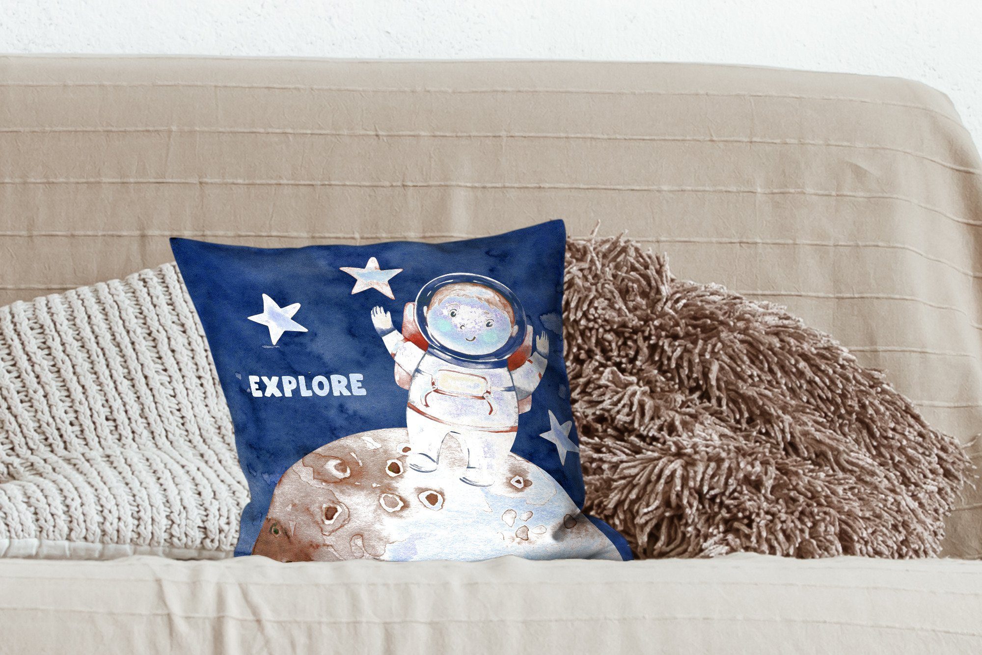 Astronaut - für Jungen mit Mädchen Wohzimmer, - - -, Zitate Sprichwörter 'Erforschen' Deko, MuchoWow - Sofakissen Schlafzimmer, Dekokissen Zierkissen - Füllung