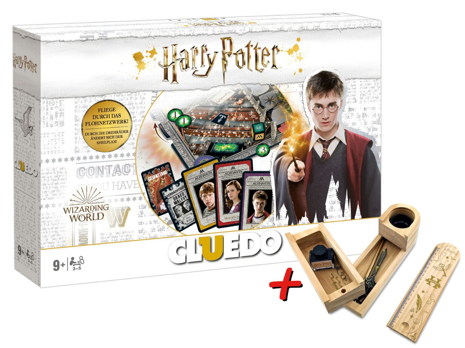 Winning Moves Spiel Клуедо - Harry Potter + Holz-Schreibset, Brettspiel, mit umfangreichem Schreibset