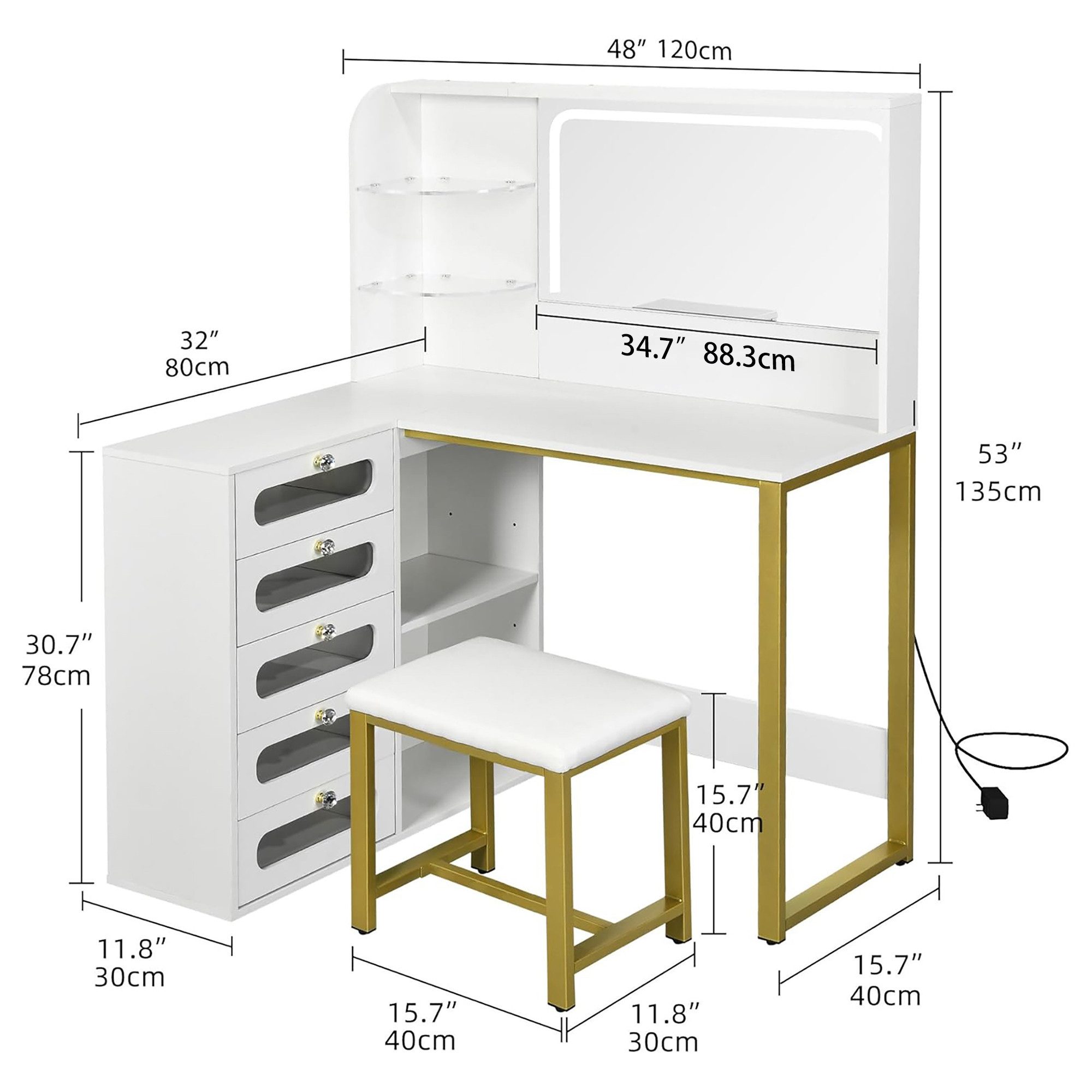 Gdood Schminktisch Mit LED Spiegel und Hocker, Steckdosenleiste, Schubladen (1-St., 120x80x135 cm), Inkl. LED-Beleuchtung Spiegel, 5 Schubladen, Lagerregal – Bild 3 von 5