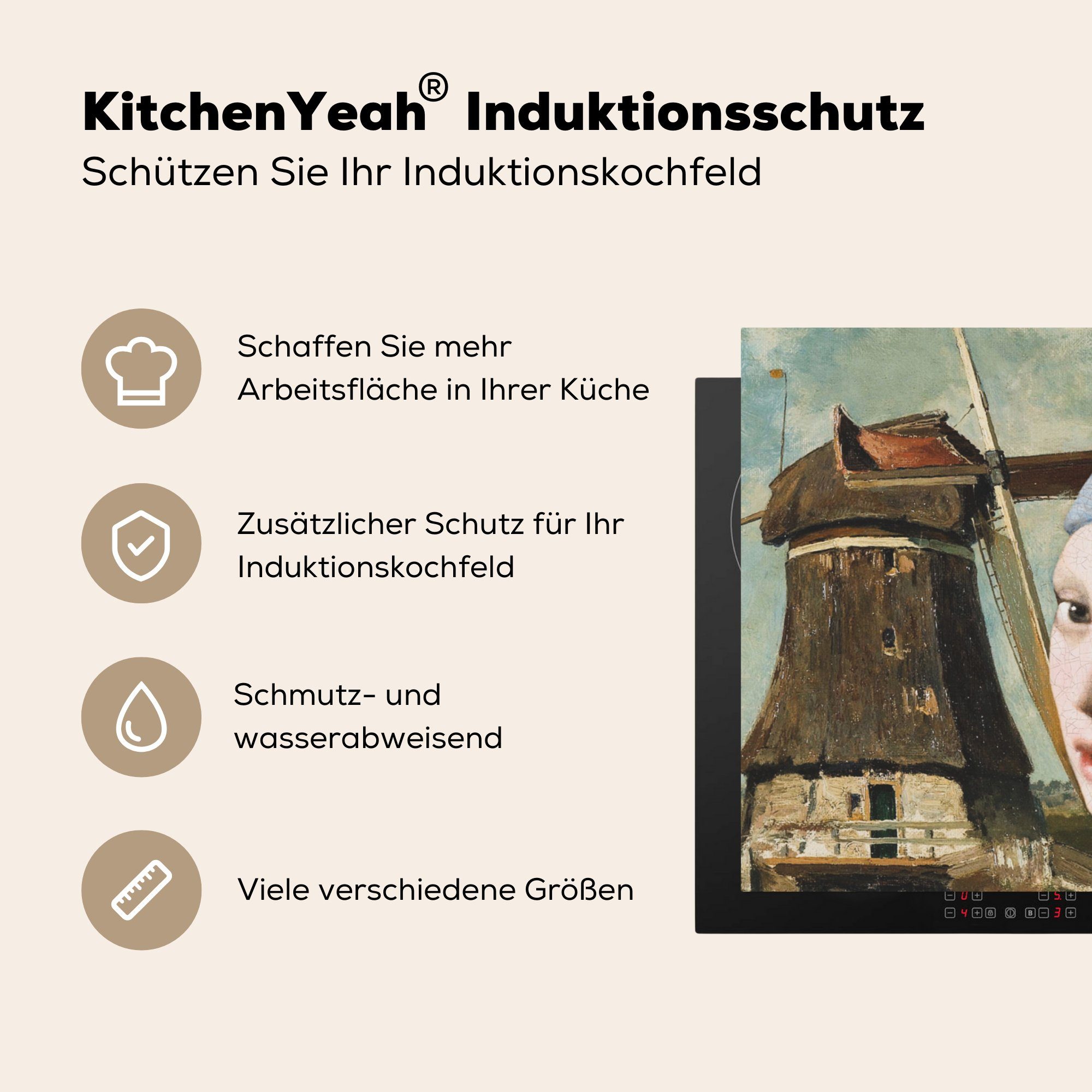 MuchoWow Herdblende-/Abdeckplatte Das Mädchen Mühle dem die Schutz tlg), mit Induktionskochfeld für 71x52 cm, küche, Perlenohrring - - (1 Vinyl, Ceranfeldabdeckung Vermeer