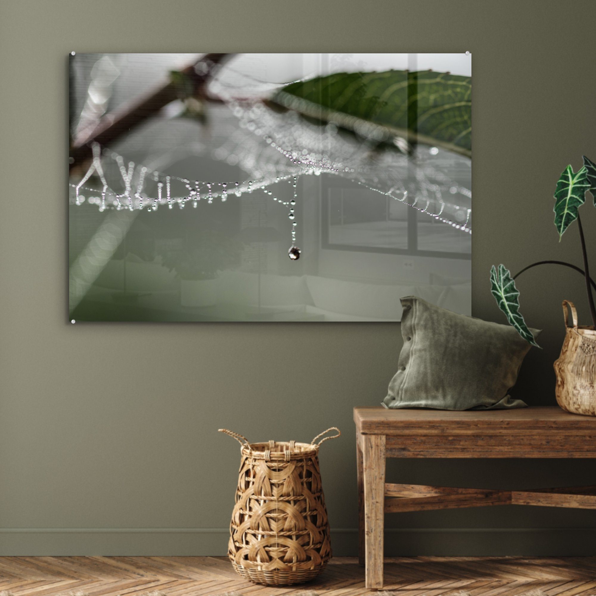 Schlafzimmer Herbst - (1 St), & Spinnennetz Tropfen, Acrylglasbild MuchoWow Acrylglasbilder - Wohnzimmer