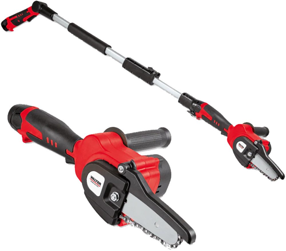 WALTER Akku-Kettensäge 12V Hochentaster Gehölzschneider Astsäge Kettensäge inkl. Akku, Schneller Wechsel zwischen Hochentaster und Kettensäge