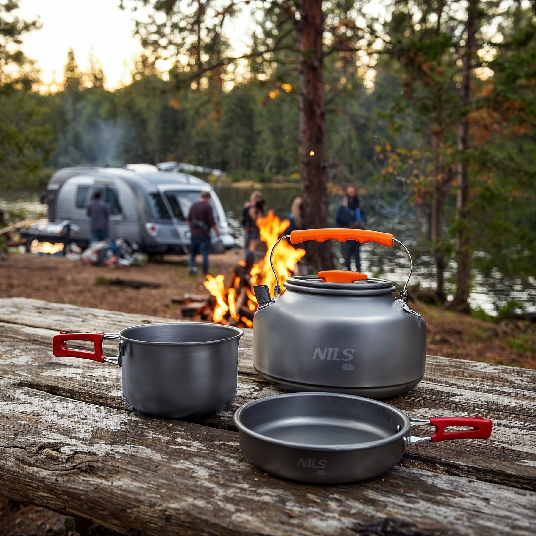 NILS CAMP Kochtopf Campingtopf Outdoortopf Kochgeschirr, Aluminium, Edelstahl (Spar-Set, 1-tlg., 17 x 9 cm leicht), klappbarer Griff, leicht, kompakt, korrosionsbeständig