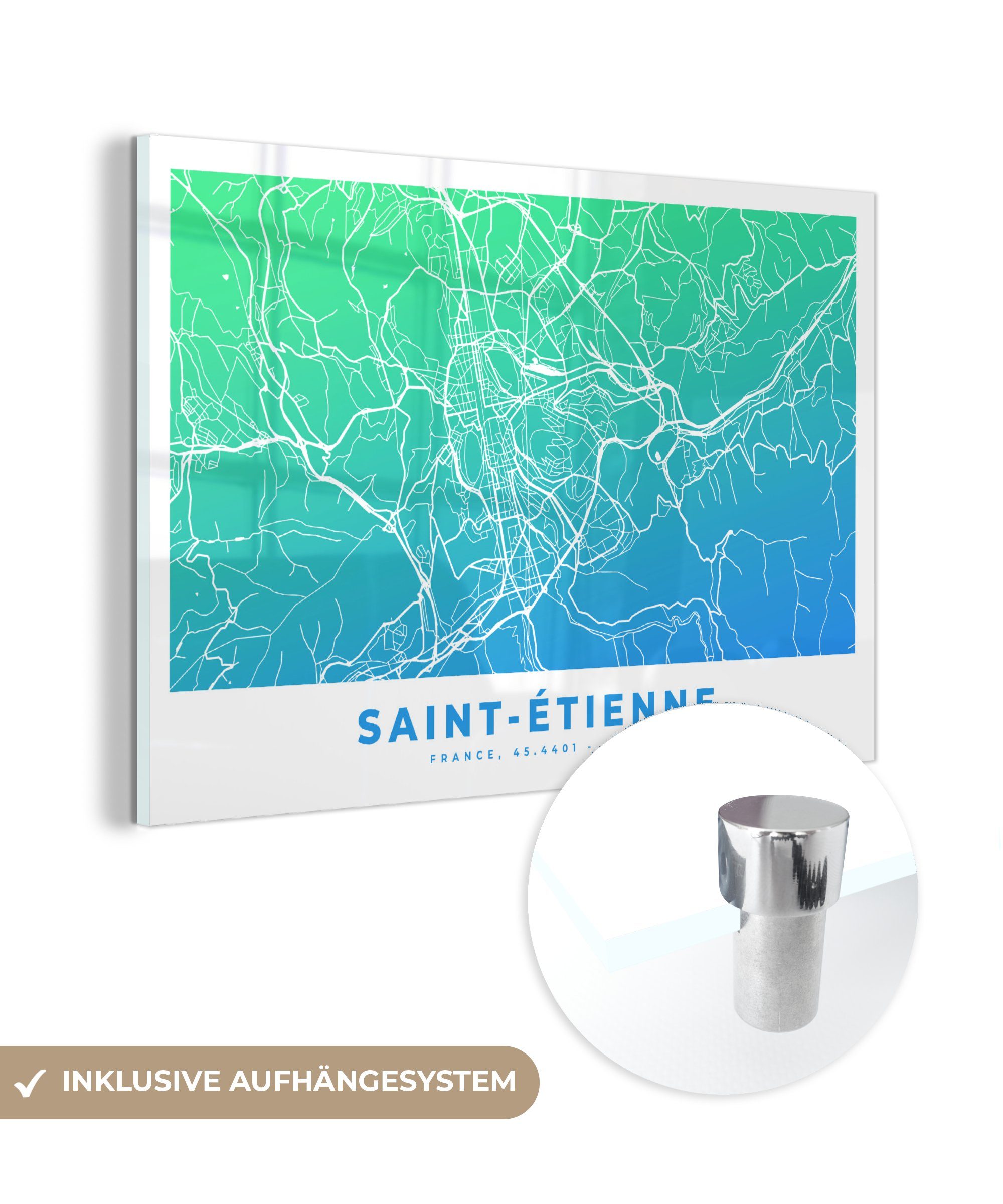 MuchoWow Acrylglasbild Saint Étienne - Frankreich - Stadtplan, (1 St), Acrylglasbilder Wohnzimmer & Schlafzimmer | Bilder