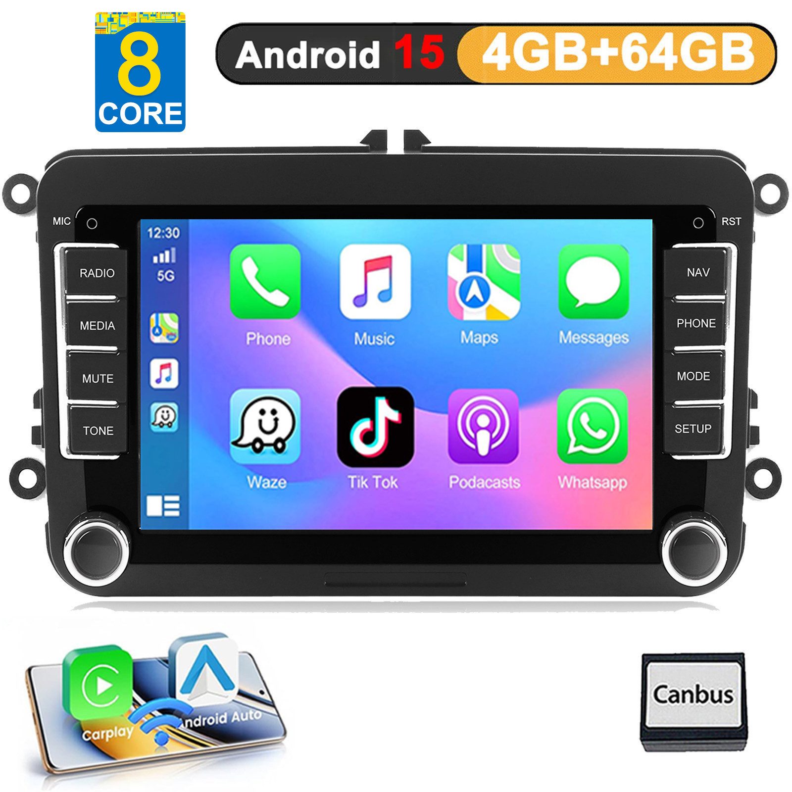 A-Sure 4+64 Android 15 CarPlay für VW GOLF 5 6 Plus Polo Cadddy Touran Passat Autoradio (RDS, DSP, 8Core, Digitalradio (DAB), FM, AM, 4+64G / Bluetooth 5.4 /WiFi 6.0 / SWC)