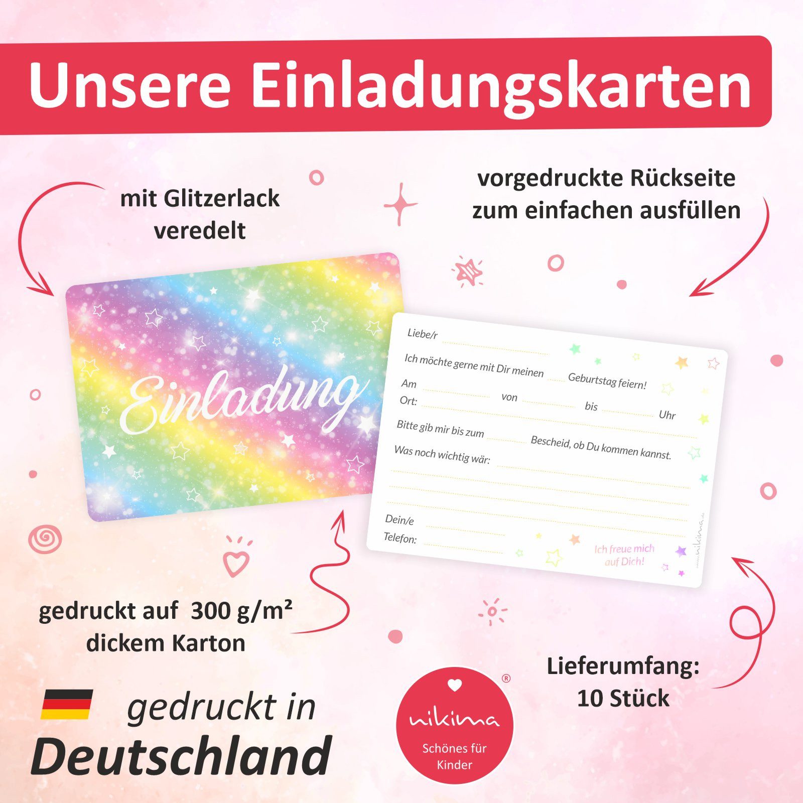 nikima Einladungskarten 10 Einladungskarten mit Glitzer Regenbogen für Kindergeburtstag – Bild 5 von 5