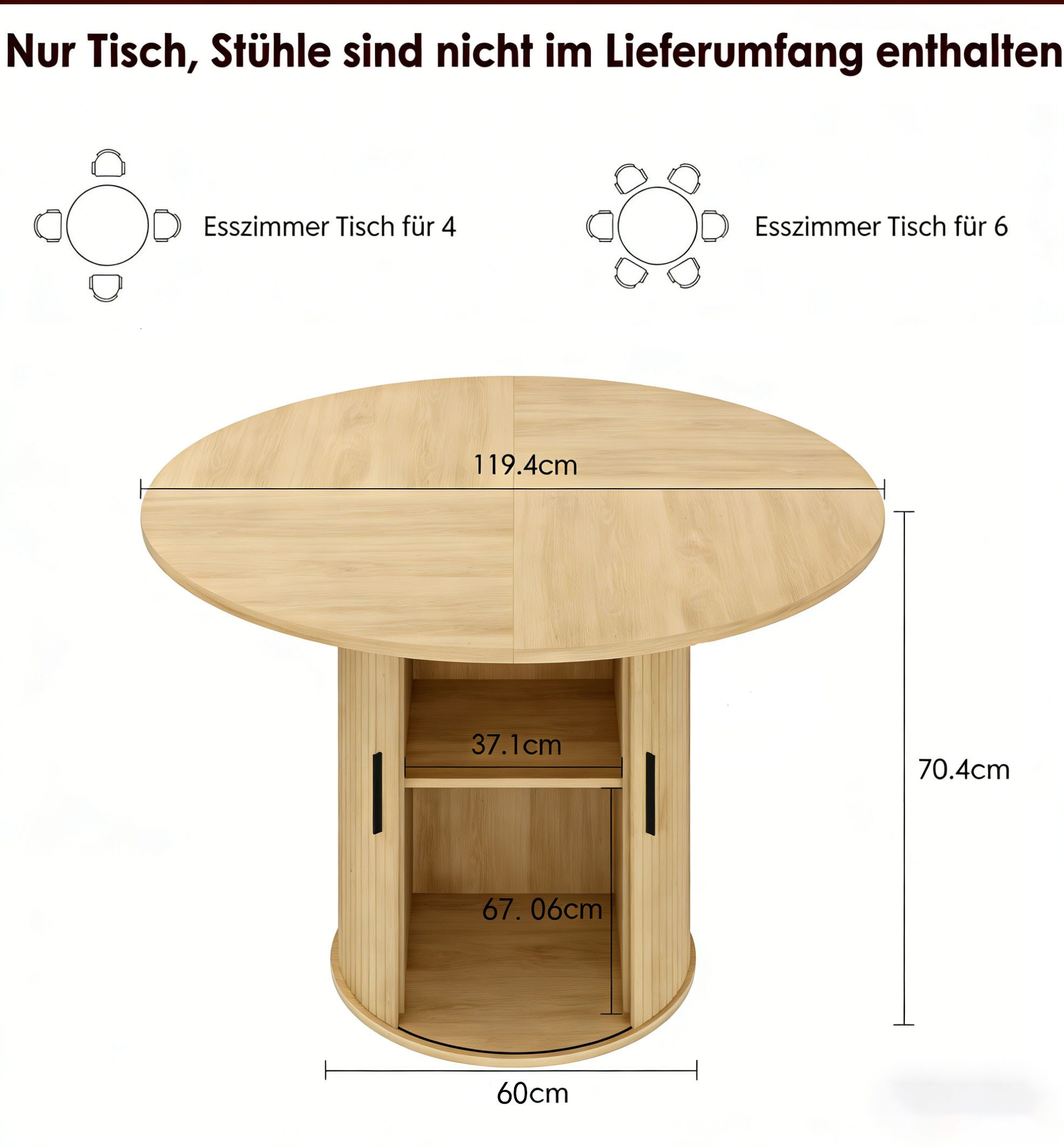 GarveeMore Esstisch Runder Esstisch Wohnzimmertisch Baumkantentisch Säulen-Esstisch (1-St., 1 Tisch), Tresentisch für 4-6 Personen mit zweistufigem Ablagefach Schiebetür