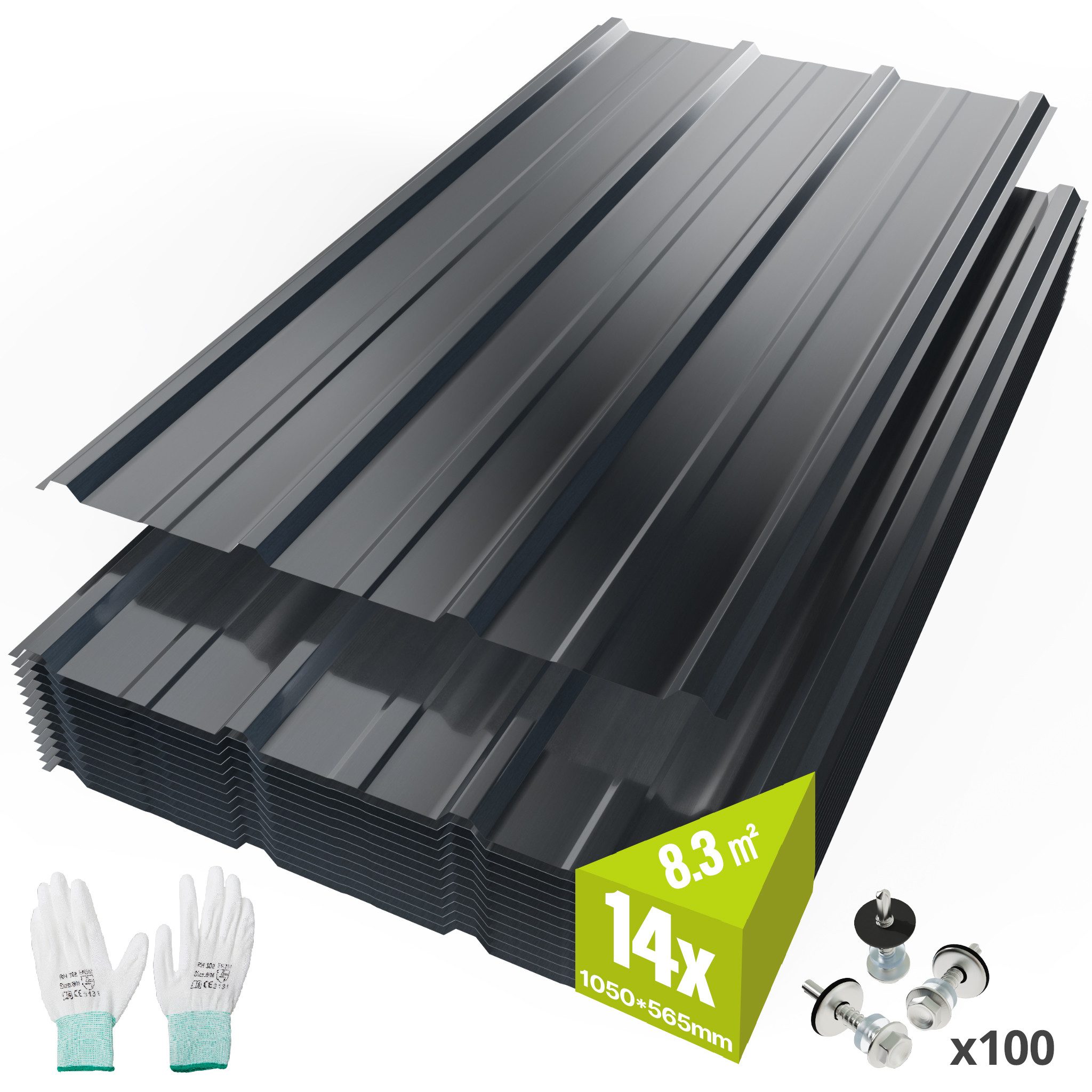 Mondeer Wellplatte Dachplatten(14-tlg), 0,25 mm, (14-St., inkl. 100 Schrauben), Trapezblech-Set, 8,3 m² Abdeckfläche, 105*57cm, Dunkelgrau