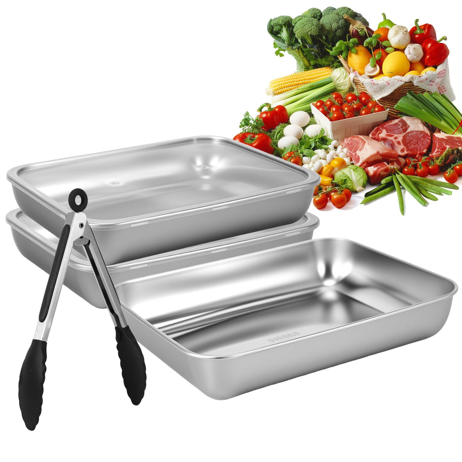 BlingBin Panierschale 3-Teilig Panierstraße Set, Edelstahl Auflaufform Backblech mit Deckel, Edelstahl, (3er Set, 3-tlg), Panier-Set mit Backzange für Schnitzeln, Fisch, Früchte & Gemüse