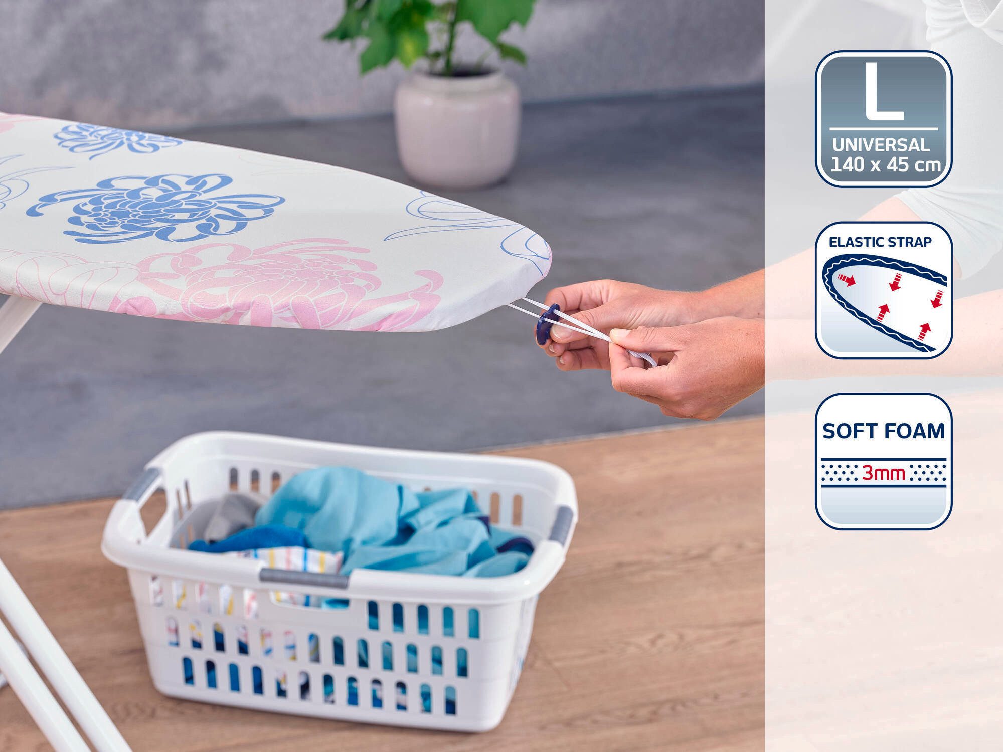 Leifheit Ersatz-Bügelbrettbezug Bügeltischbezug Cotton Classic L/Universal, Für Dampfbügeleisen geeignet, 140x45cm, 3mm Schaumstoffpolsterung