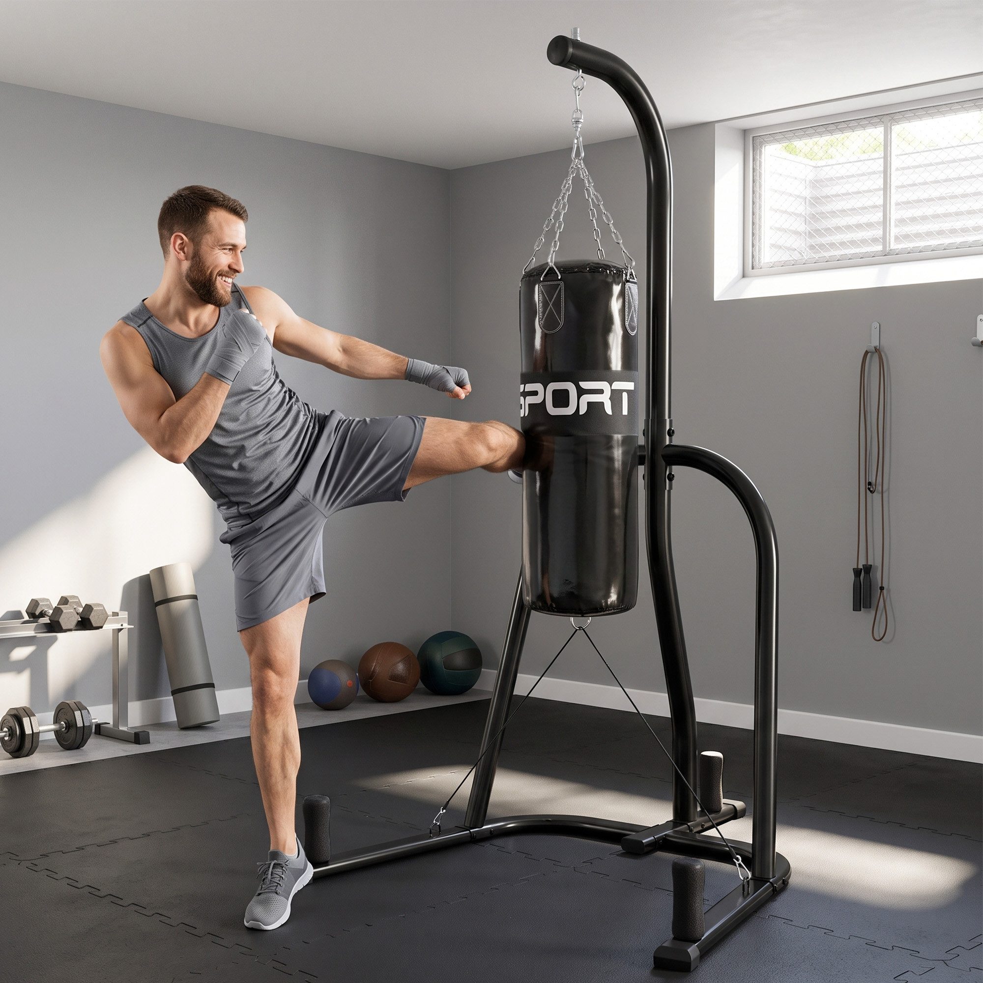 SPORTNOW Boxsackhalterung Boxsackständer Freistehend mit Boxsack Bungee-Seil, (bis 86.6 Zoll, 360° Kette U-basis Hantelscheibenhalterung, 1-tlg., Boxsackhalter, bis 120 kg für Heimtraining Fitnessstudio)