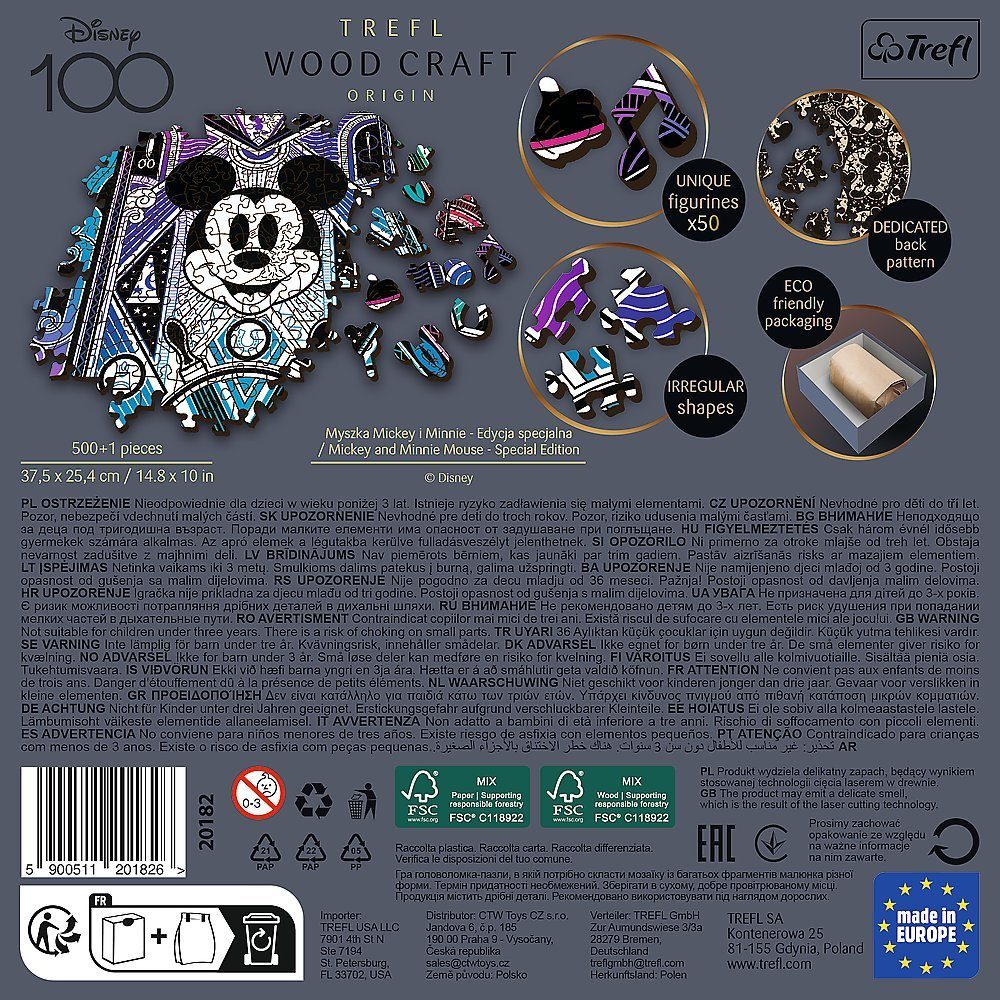 Trefl Puzzle 20182 Craft in Europe Minnie, Mickey 100 Jahre & Made Puzzleteile, Disney Wood 500