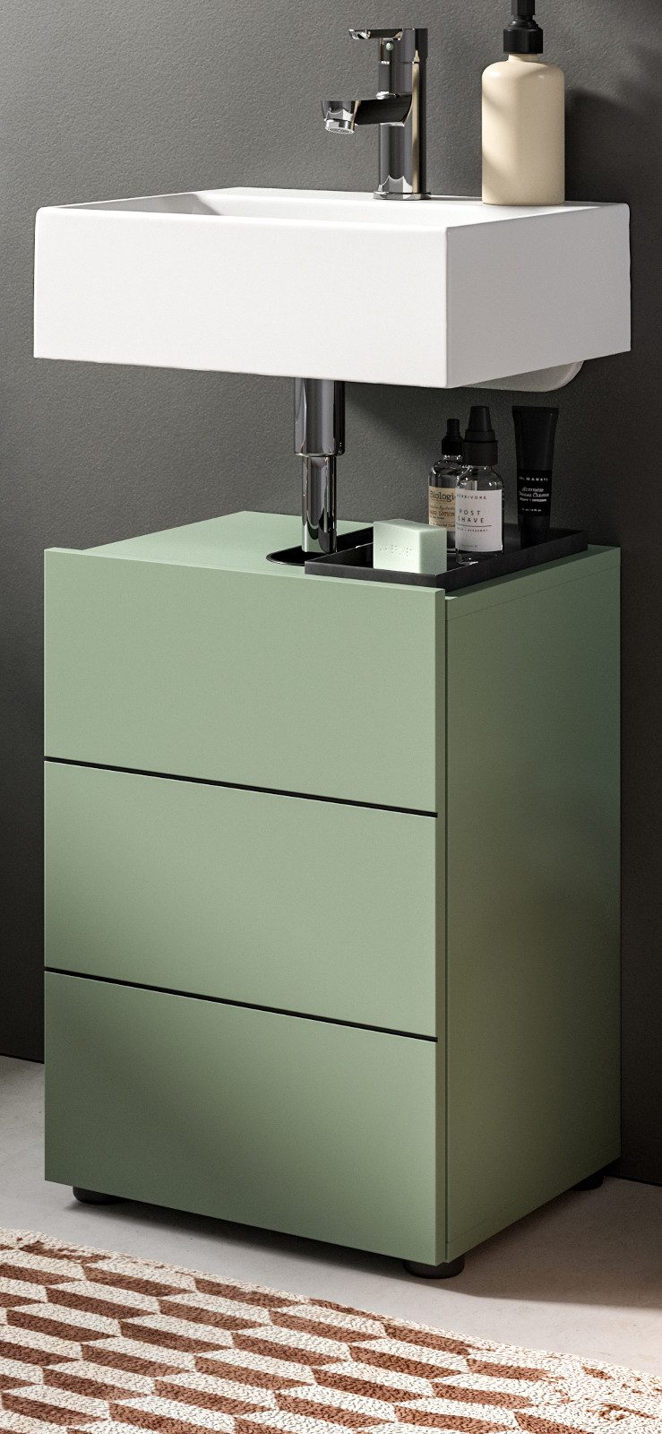 Inn.Furn Waschbeckenunterschrank Larik (Badschrank in Grün mit schwarzen Rillen, Breite 40 cm) mit MDF-Front, Türanschlag wechselbar
