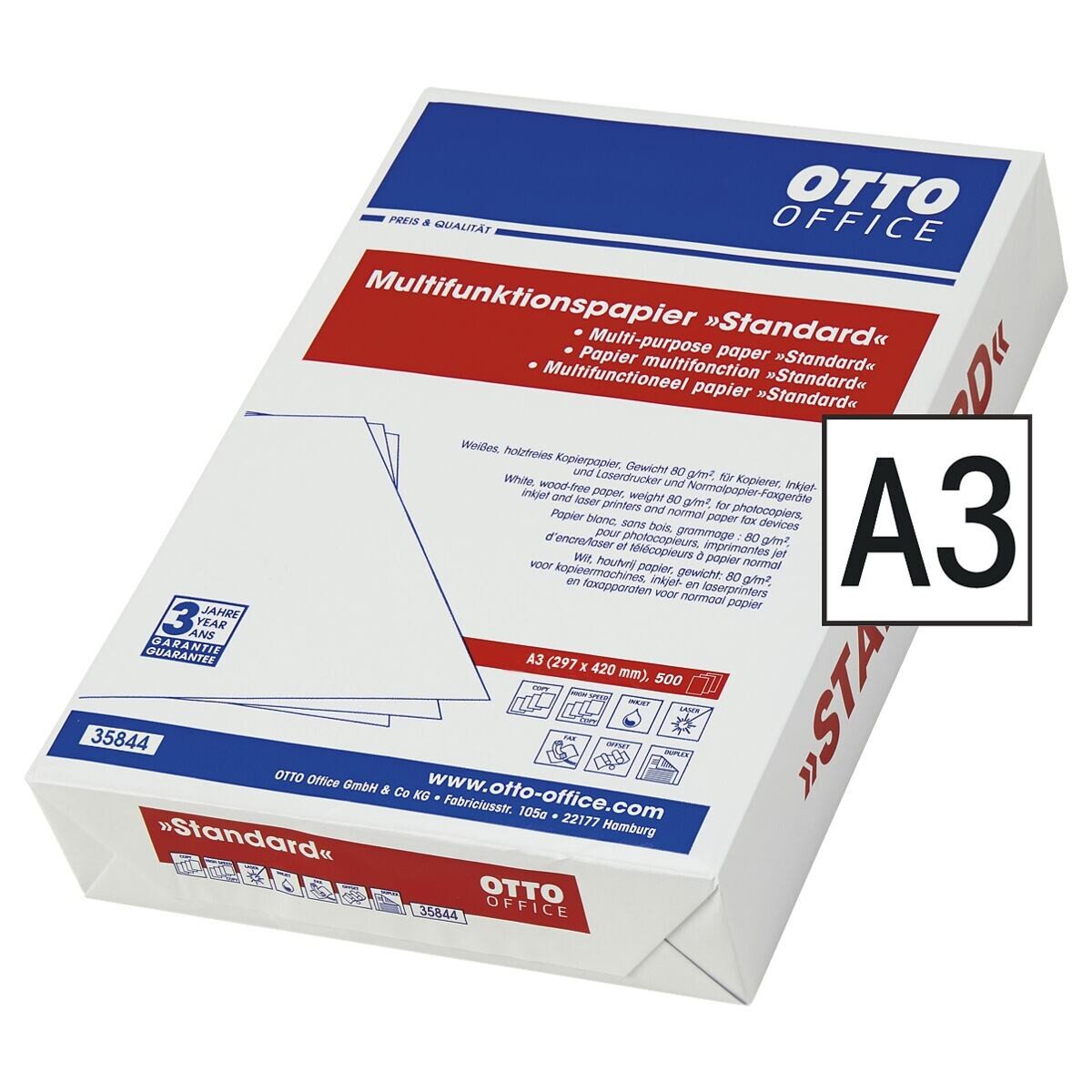 Otto Office Druckerpapier Standard, Format DIN A3, 80 g/m², 161 CIE, 500 Blatt