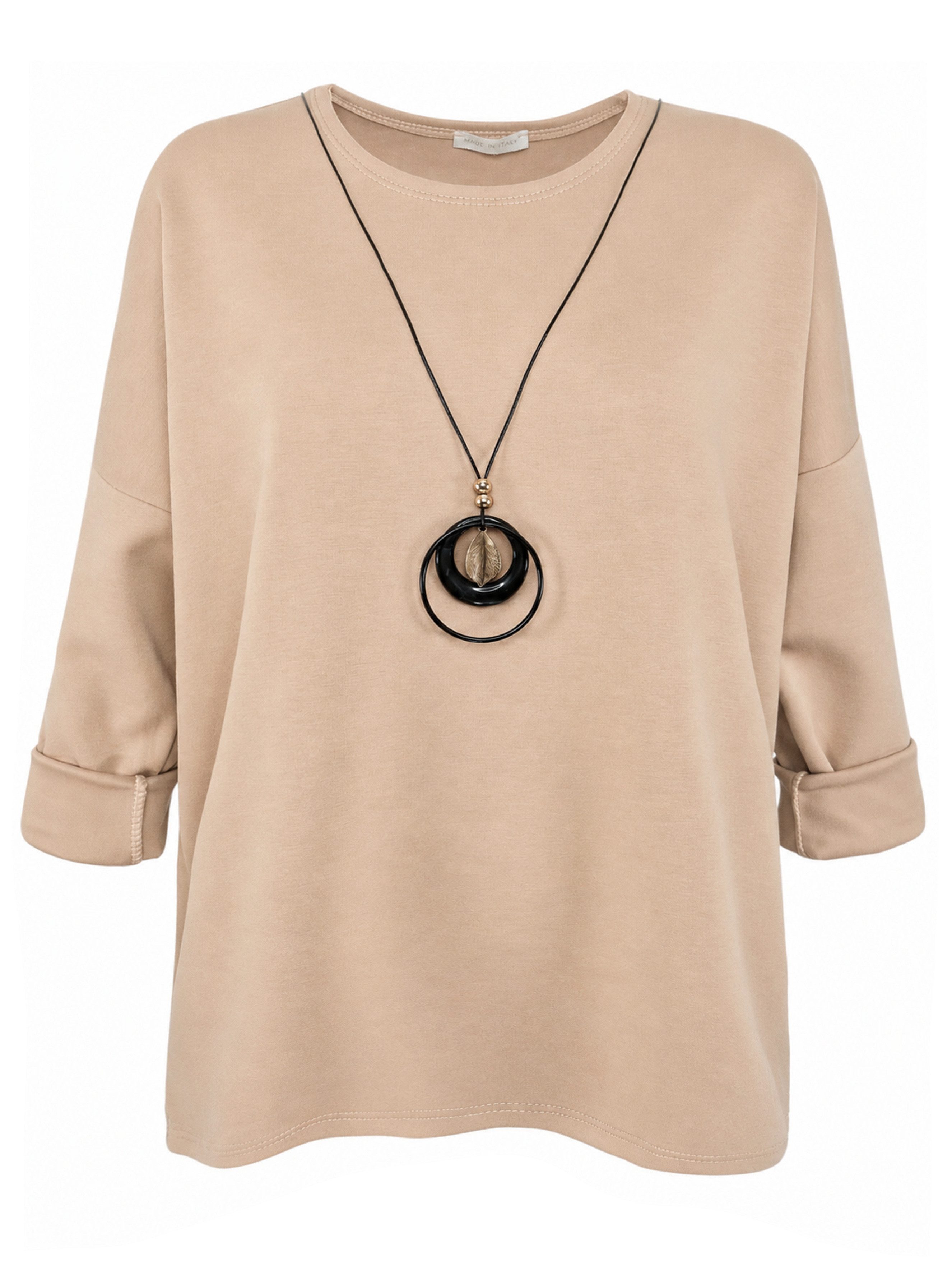 dy_mode Longshirt Damen Longshirt Oversize Weites Tunika Shirt Oberteil Übergangszeit in Unifarbe, mit passende Kette