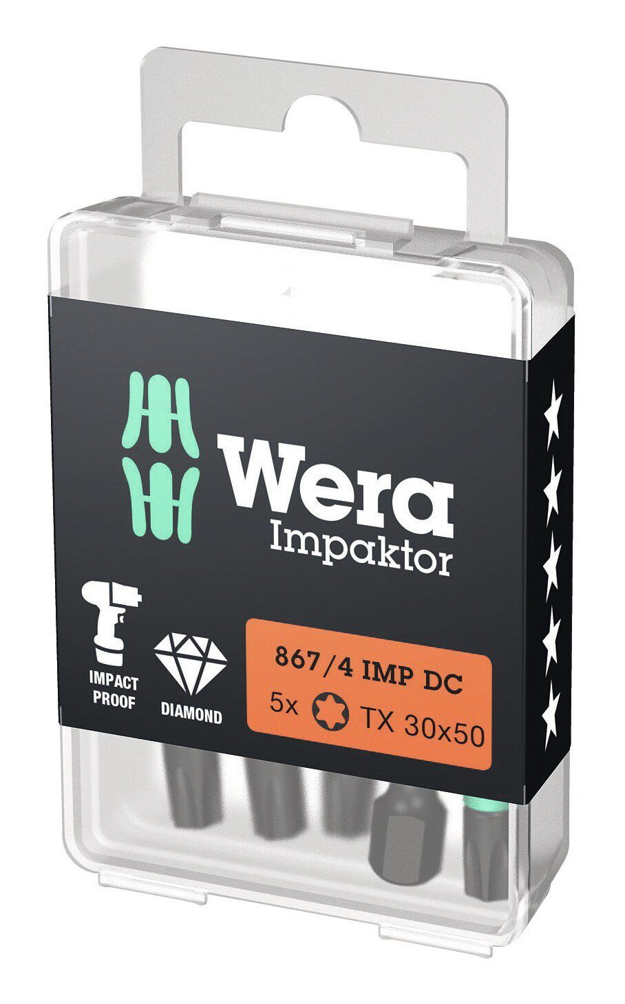 Wera Bit-Set, Bit-Sortiment Bit-Box Impaktor 1/4" DIN 3126 E6,3 T30 x 50 mm 5er Pack