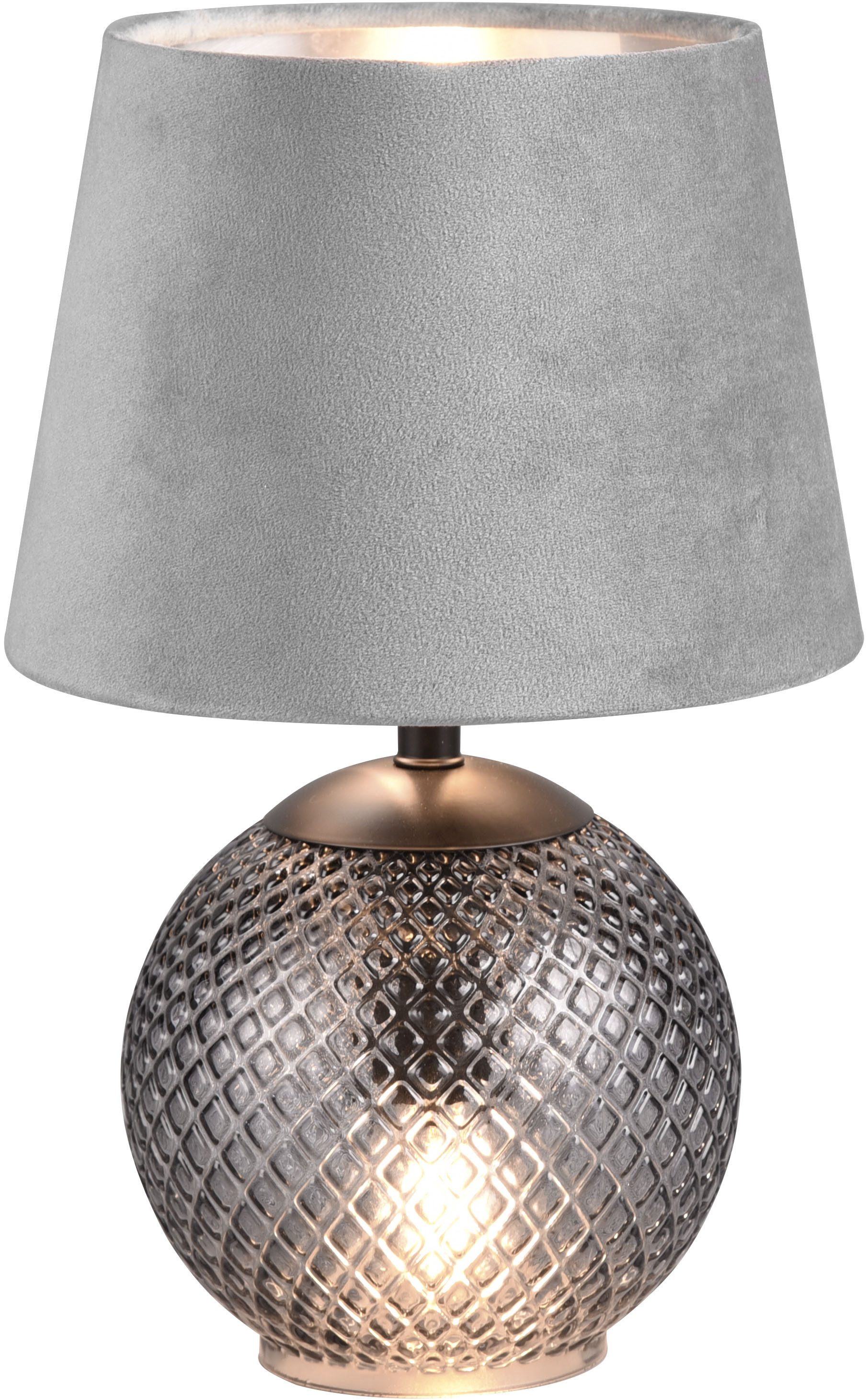 Reality Leuchten Schreibtischlampe JONNA, Tischlampe mit beleuchtetem Glasfuß und Samt Schirm exkl 2xE14, Ein-/Ausschalter, Луковицы wechselbar, warmweiß - kaltweiß, Луковицы wechselbar max 10W, Schnurschalter Höhe 29cm Ø 18cm