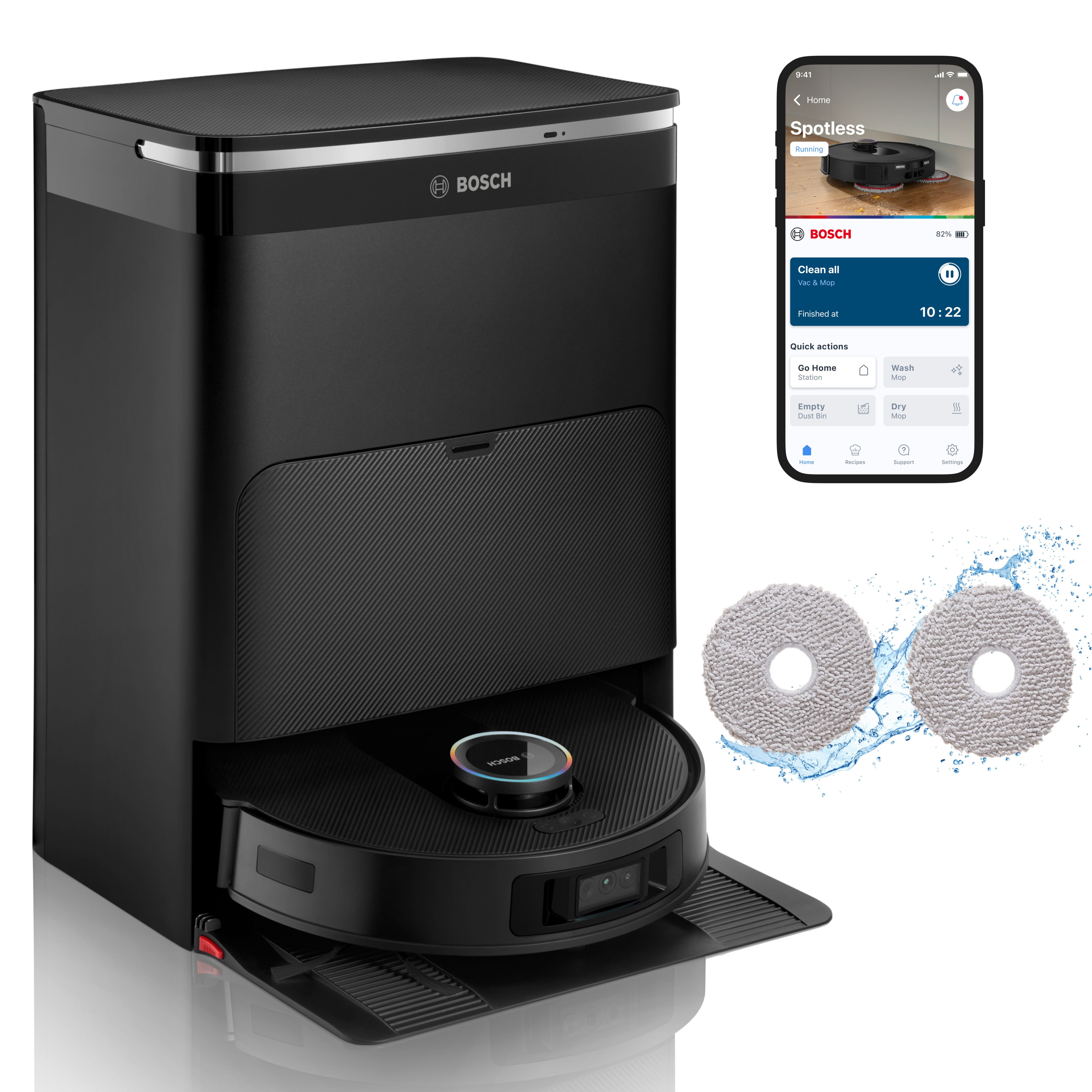 BOSCH Вакуумный робот Spotless Max Cam BCRDW3BX, rotierende Wischpads, 70°C Selbstreinigung, 60 W, mit Beutel, Datensicherheit, 11.000 Pa Saugkraft, Absaugstation, Kamera