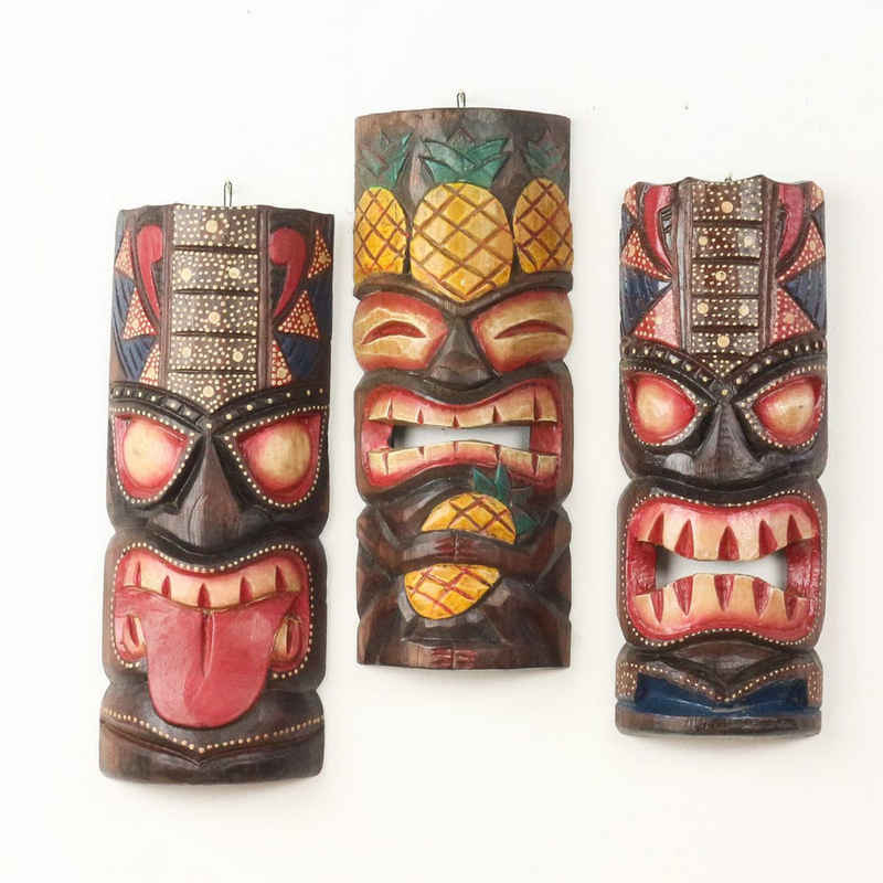 Oriental Galerie Dekofigur 3er Deko Masken Set aus Holz Tiki 30 cm (1 St), Holz Tiki Bar zum aufhängen
