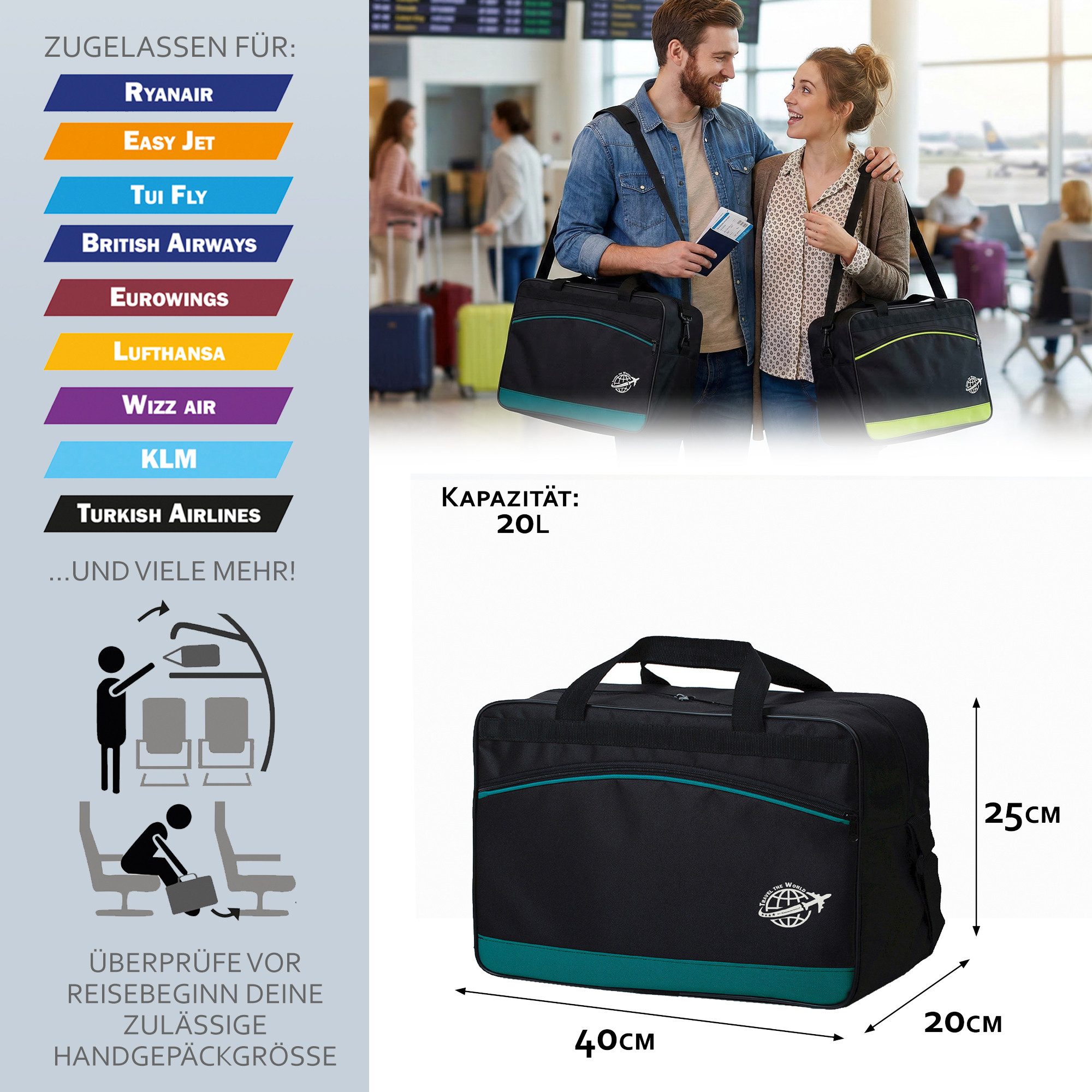 BambiniWelt by Rafael K. Reisetasche Handgepäck Boardgepäck Bordcase 40x20x25 40x30x20 Ryanair Wizzair (M1), wasserabweisend