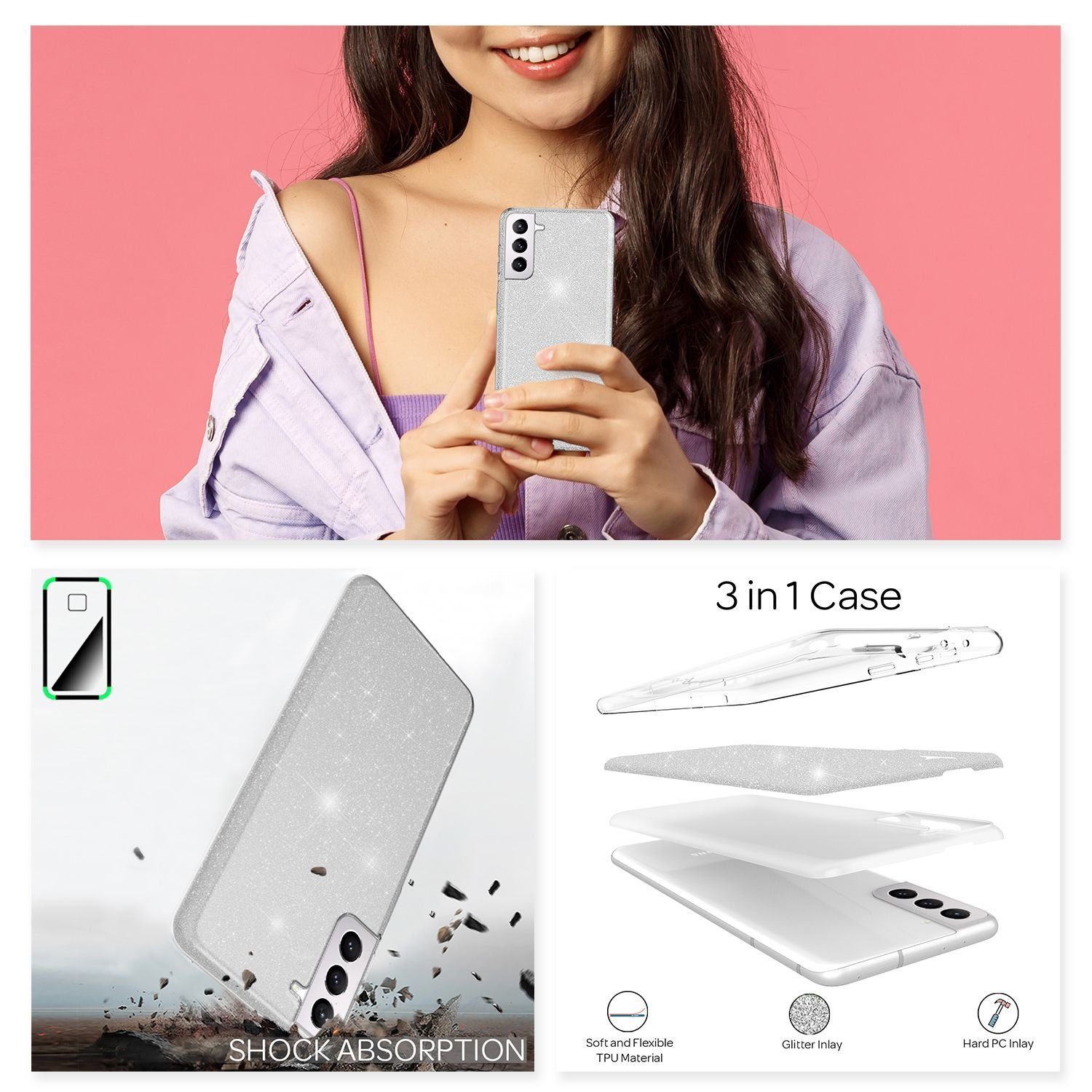 Nalia Smartphone-Hülle Samsung Galaxy S22 Plus 16,8 cm (6,6 Zoll), Glitzer Silikon Hülle / Verstärkte Innenseite / Glänzende Schutzhülle