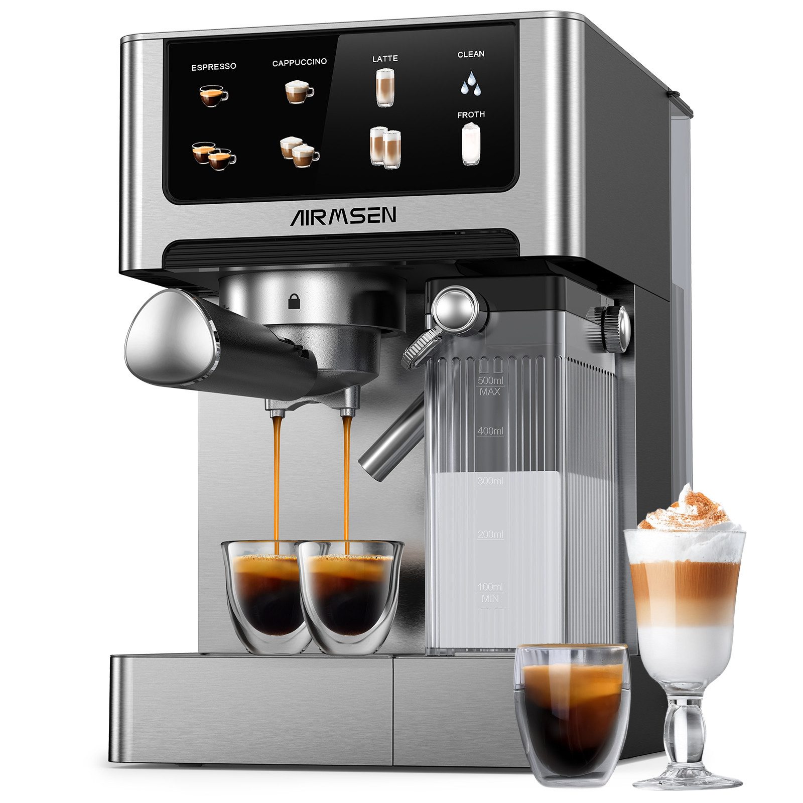 Airmsen Espressomaschine 20 Bar mit automatischem Milchaufschäumer für Zuhause,1.8L Wassertank, Edelstahlfilter, Cappuccino & Latte Kaffeemaschine mit Schnellbrüh-Doppelkessel