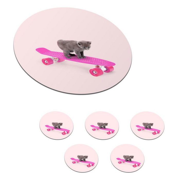 MuchoWow Glasuntersetzer Katze - Kätzchen - Tiere - Skateboard - Rosa Zubehör für Gläser 6-tlg. Getränkeuntersetzer Tassenuntersetzer Korkuntersetzer Tasse Becher