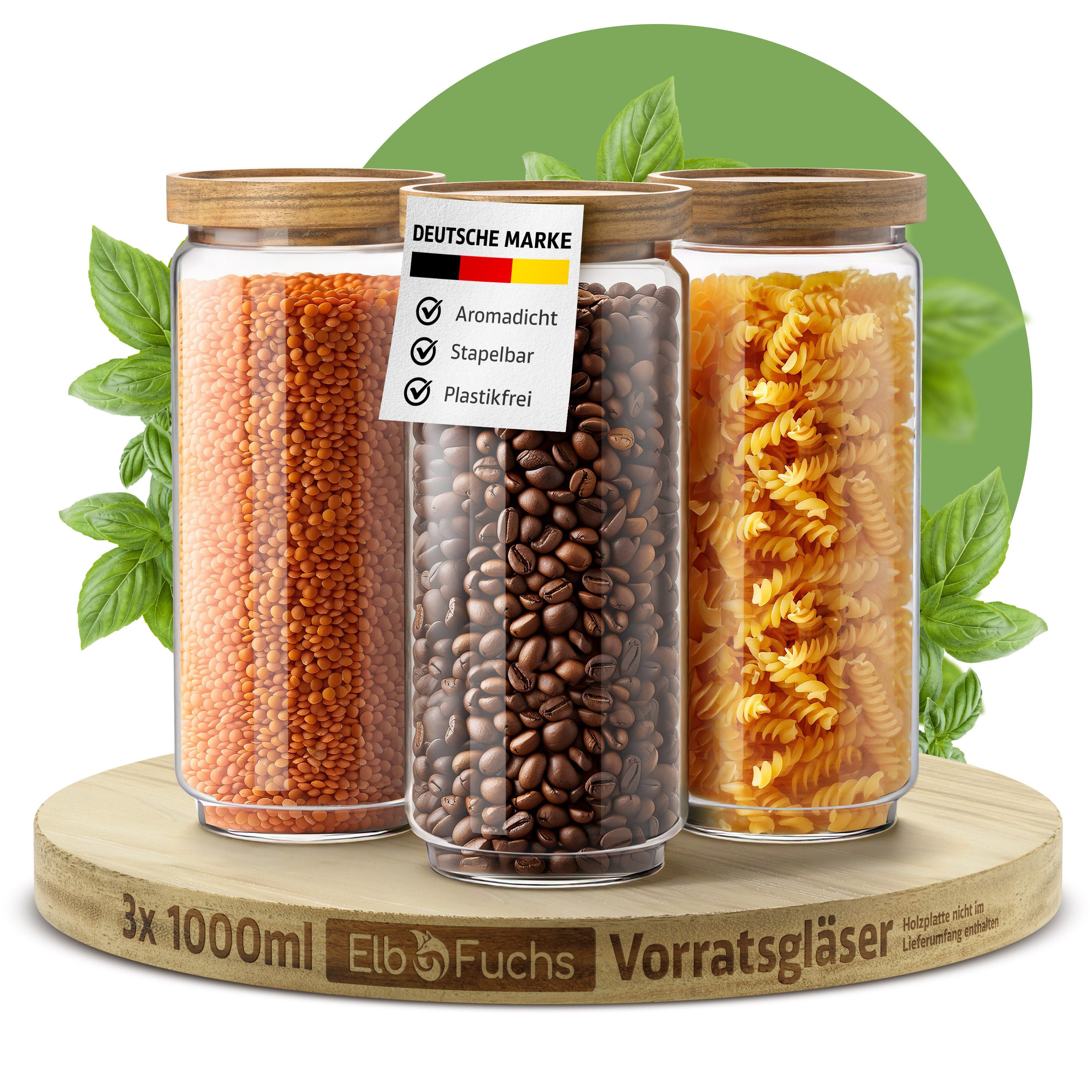 ElbFuchs Vorratsglas mit Holzdeckel, luftdicht schließend, Borosilikatglas, (Set, 3-tlg., 1000 ml), BPA-FREI & MOTTENSICHER