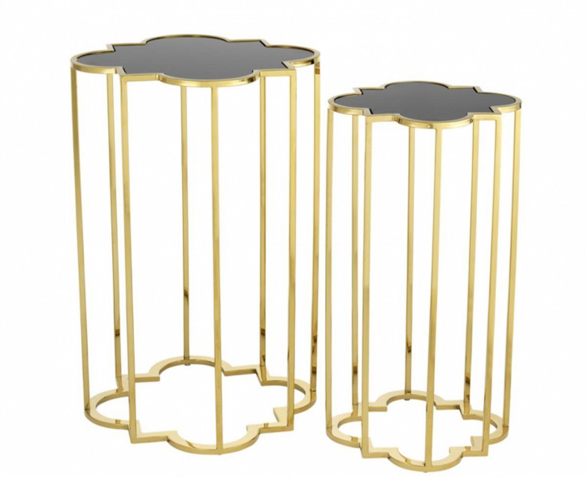 Casa Padrino Beistelltisch Luxus Art Deco Designer Beistelltische 2er Set Gold mit schwarzem Glas - Designer Beistelltisch Möbel