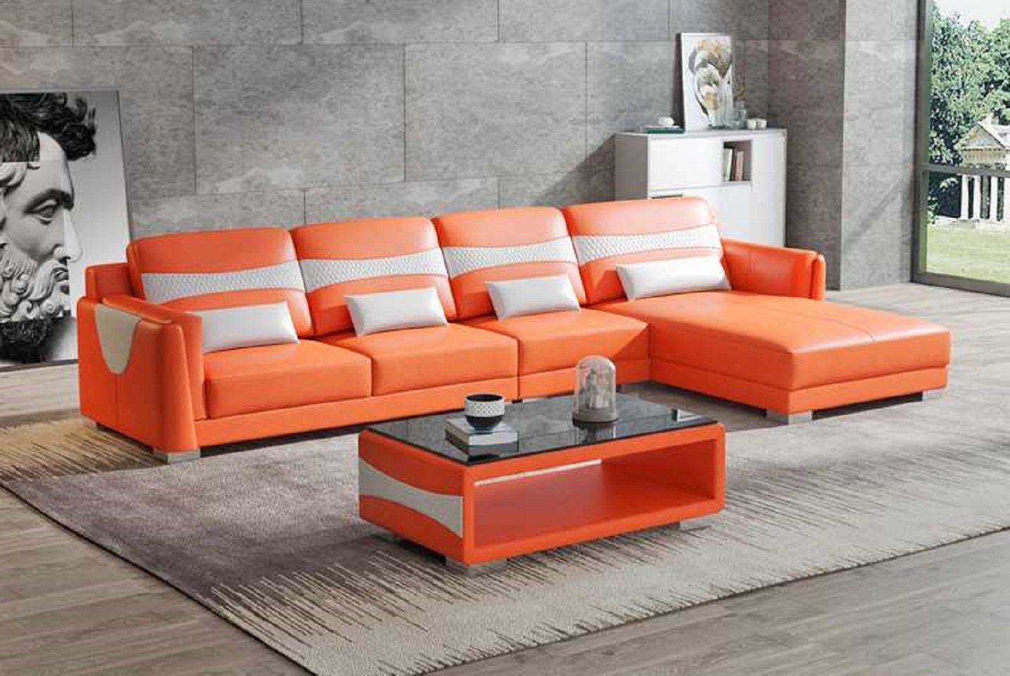 JVmoebel Ecksofa Luxus Eckgarnitur Ecksofa L Form Liege Couch Sofa Wohnzimmer Neu, 3 Teile, Made in Europe Orange/Weiß
