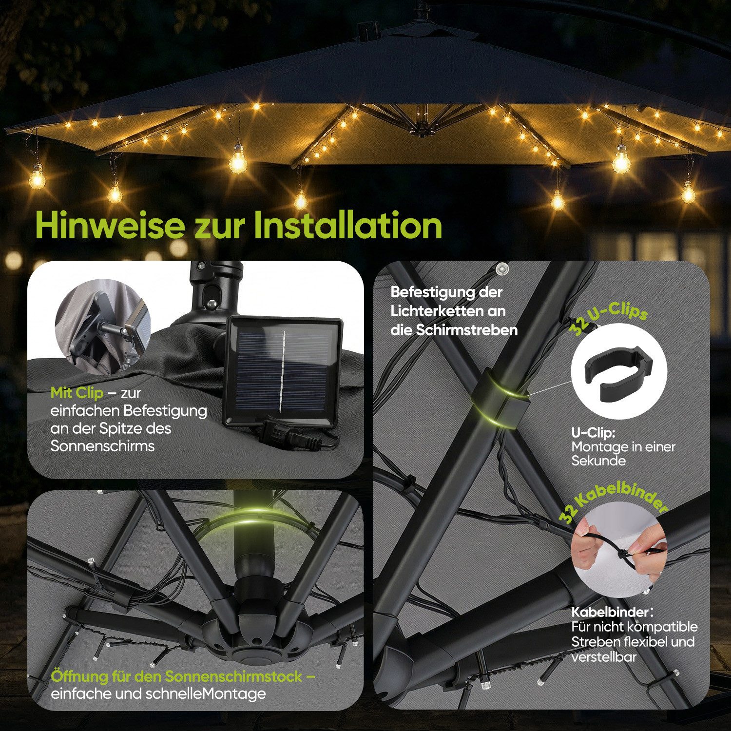 Sekey LED Solarleuchte Sonnenschirm Beleuchtung Solar LED Lichterkette mit 136 LEDs, 4M Solar Lichterkette für Sonnenschirm, Gartenleuchte