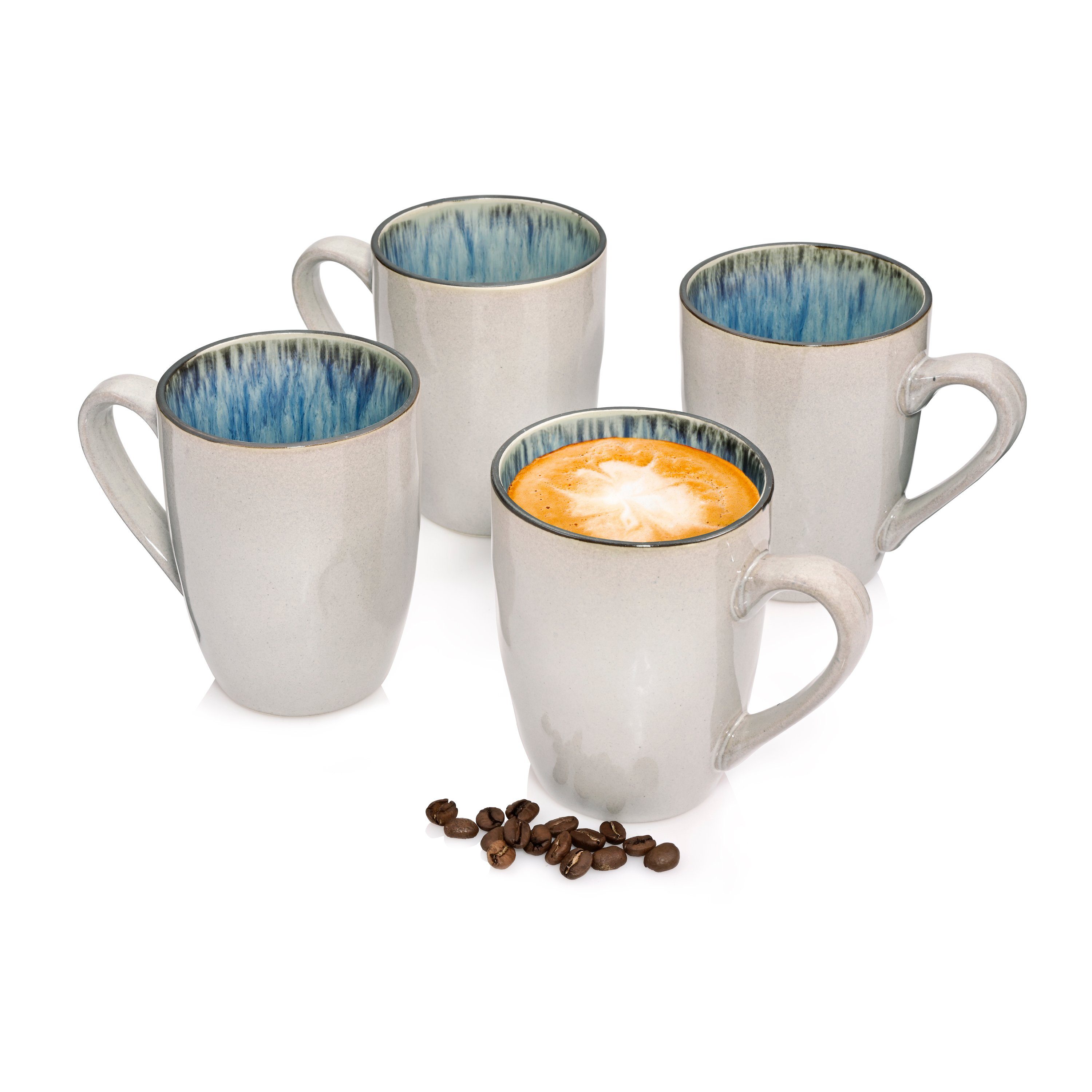 SÄNGER Becher Amalfi Kaffeebecher Set, Graue Außenfläche mit Blauem Farbverlauf, Steingut, 300 ml, handmade