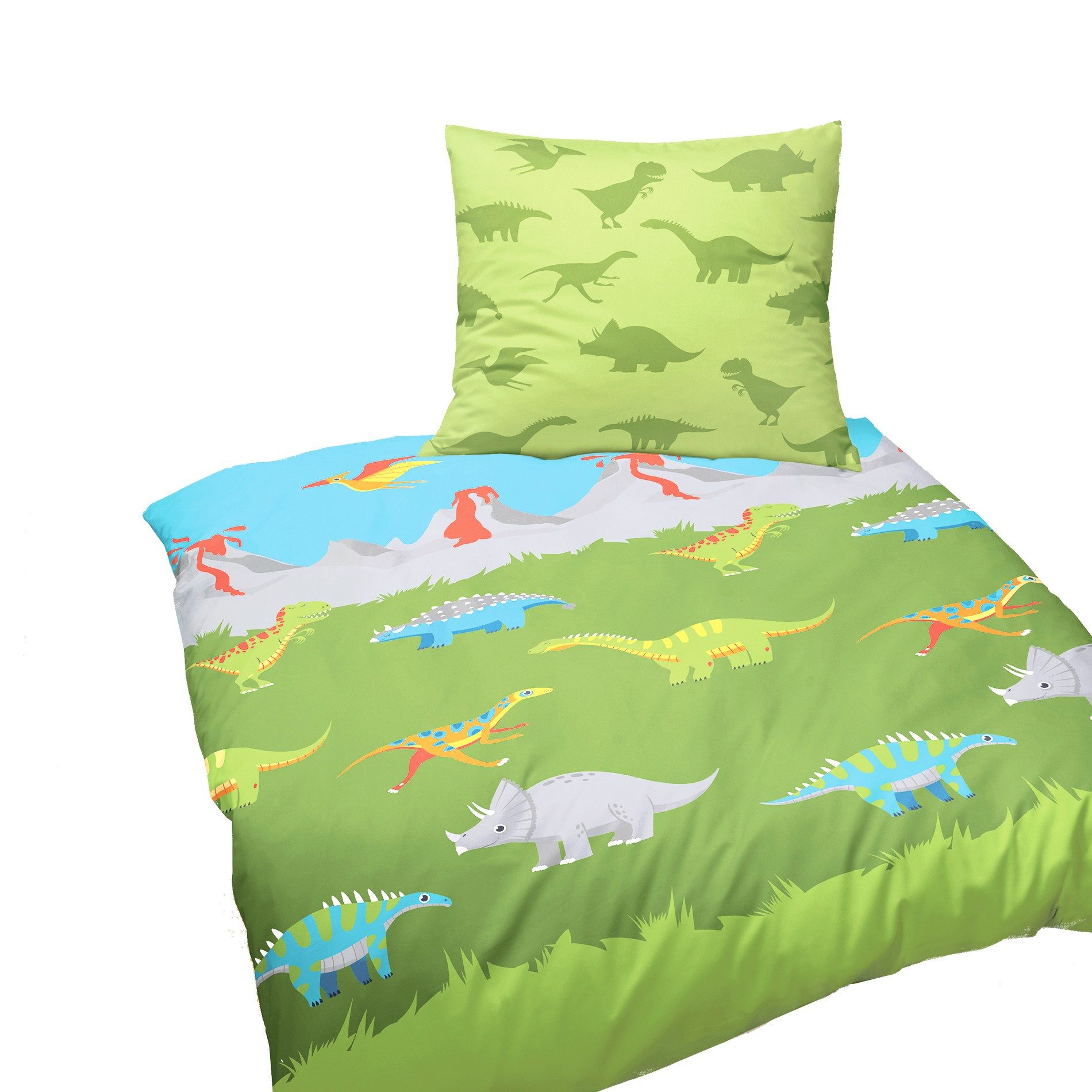 JACK Kinderbettwäsche JACK by Bierbaum Kinder Biber Bettwäsche 2 tlg. 135x200cm Dinosaurier, Biber, 2 teilig, farbenfrohe Dinos, Vulkane, warme Kinderbettwäsche, Wendebettwäsche
