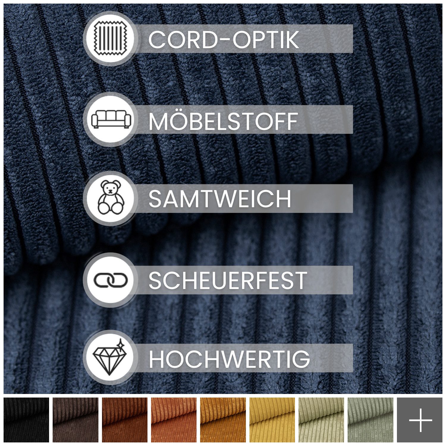 novely® Stoff PORTO - Polsterstoff in Breitcord-Optik - Ultraweicher Möbelstoff, Samtige Haptik, Reißfest, Fusselfrei, Robust, Meterware, 1lfm – Bild 4 von 5