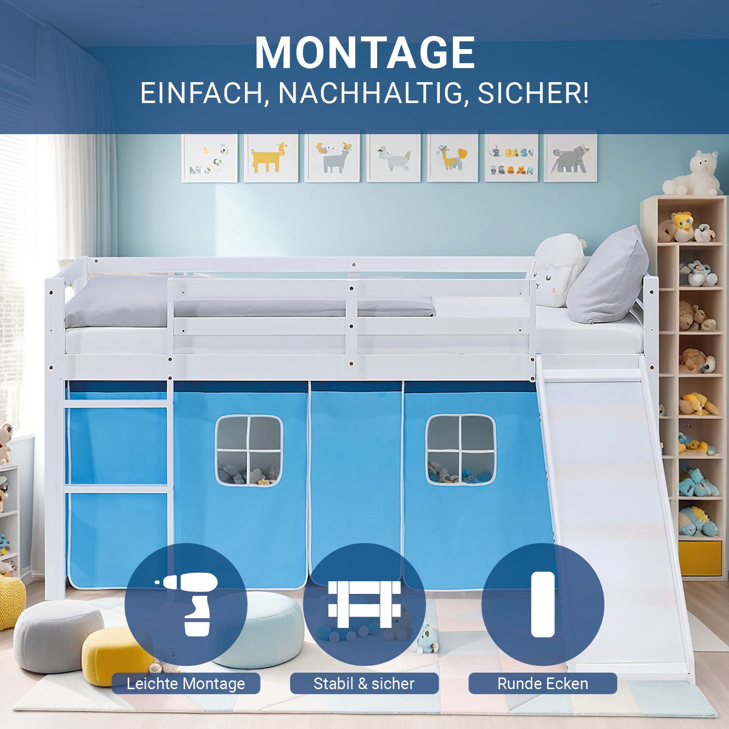 Homestyle4u Hochbett 90x200 Vorhang Kinderbett Holz günstig online kaufen
