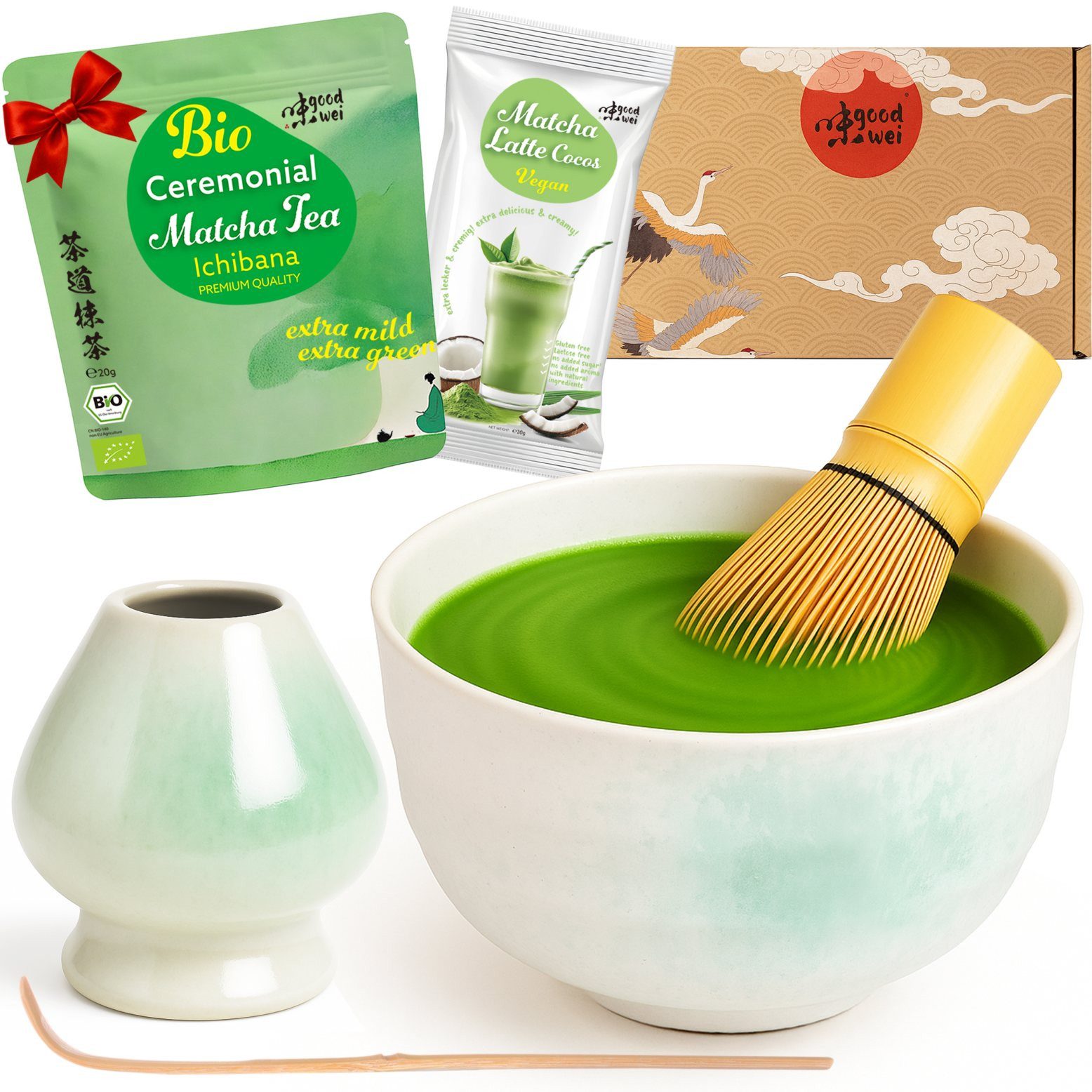 Goodwei Tee Matcha Set - Teeschale, Matchabesen mit Halter & Ceremonial Matcha Tee