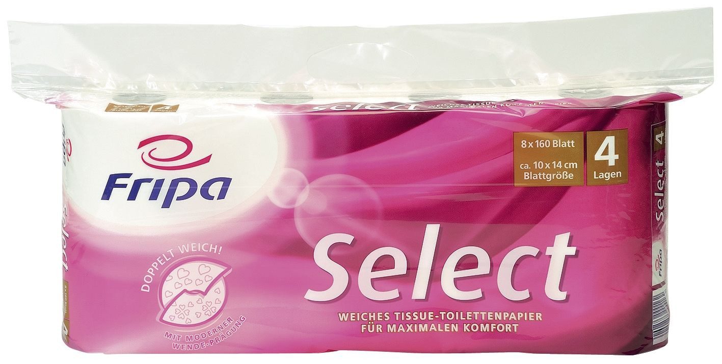 Fripa Toilettenpapier Toilettenpapier Select - 4-lagig geprägt hochweiß 8 Rollen à 160 Blatt
