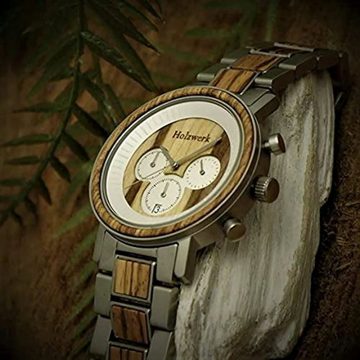 Holzwerk Chronograph BEBRA Herren Holzuhr mit Edelstahl & Holz Armband in silber, braun