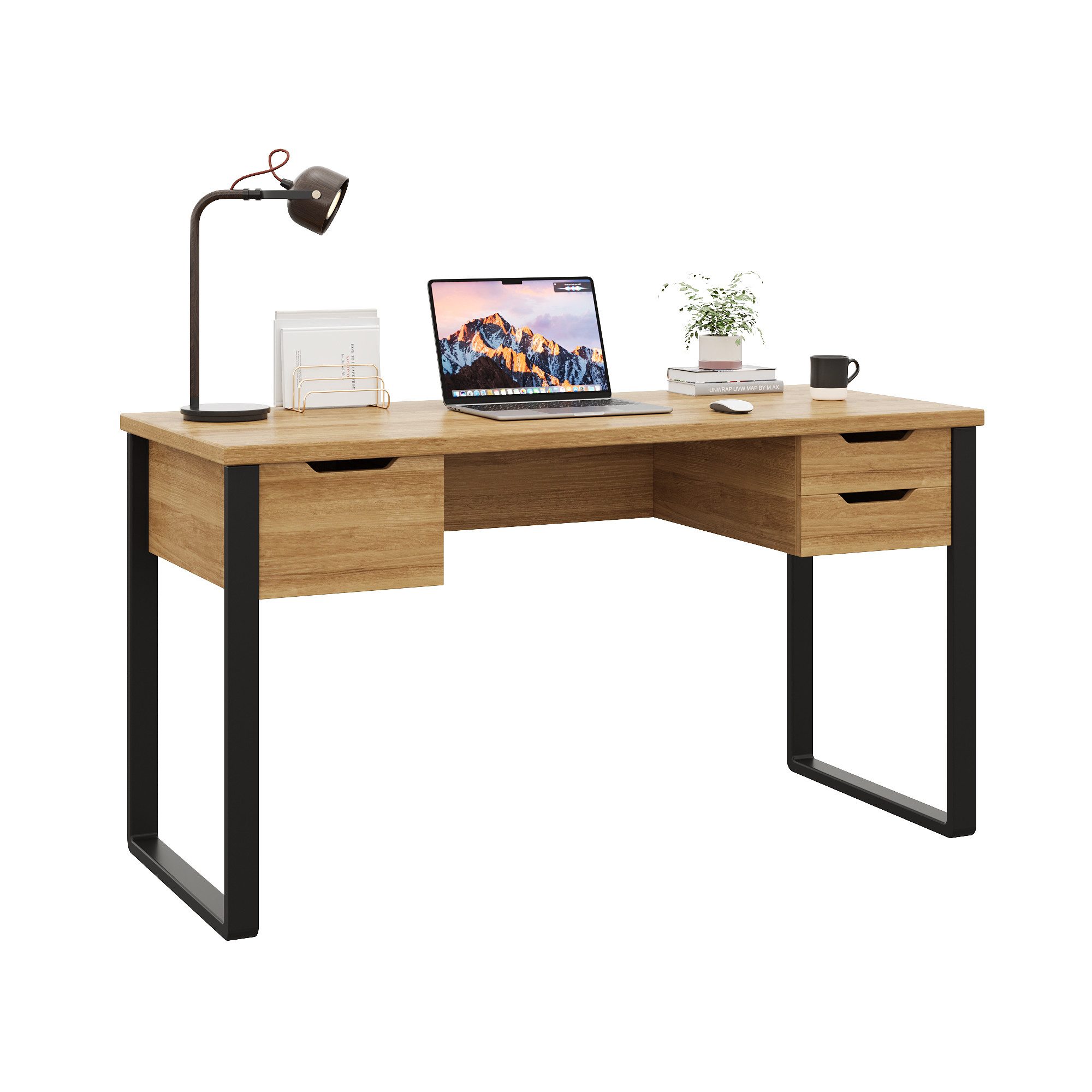 MODFU Schreibtisch minimalistischer Schreibtisch (robuste Schubladenschienen, drei Schubladen zur Aufbewahrung, Holzfarbe + Schwarz., 1-St., 130*55*76cm)
