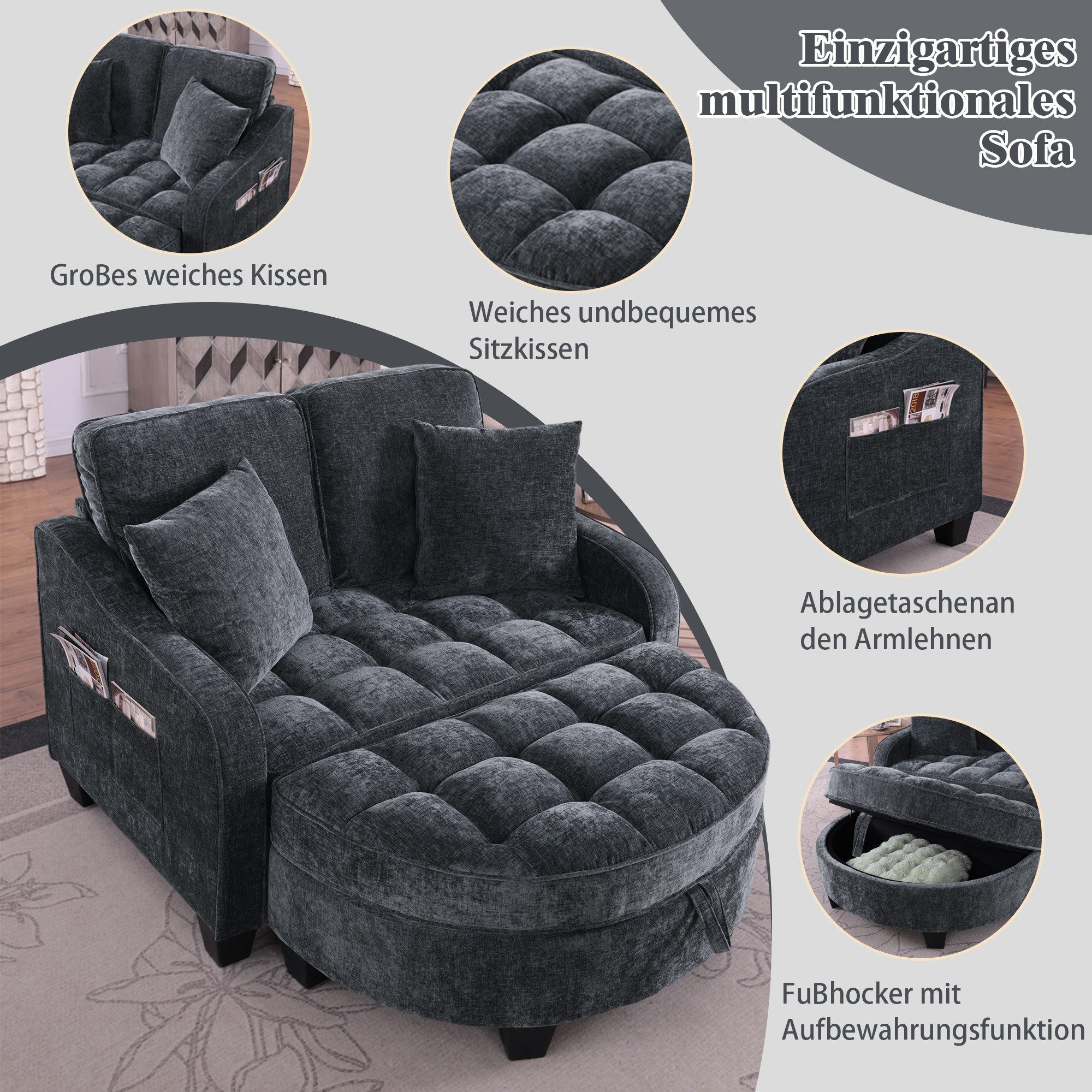 Odikalo Schlafsofa Multifunktionales Platzsparend 3-in-1 Sofa-Bett Aufbewahrungs-Hocker, mit Schlaffunktion und Stauraum, 3-in-1-Sofa mit Liegefunktion – Bild 3 von 5